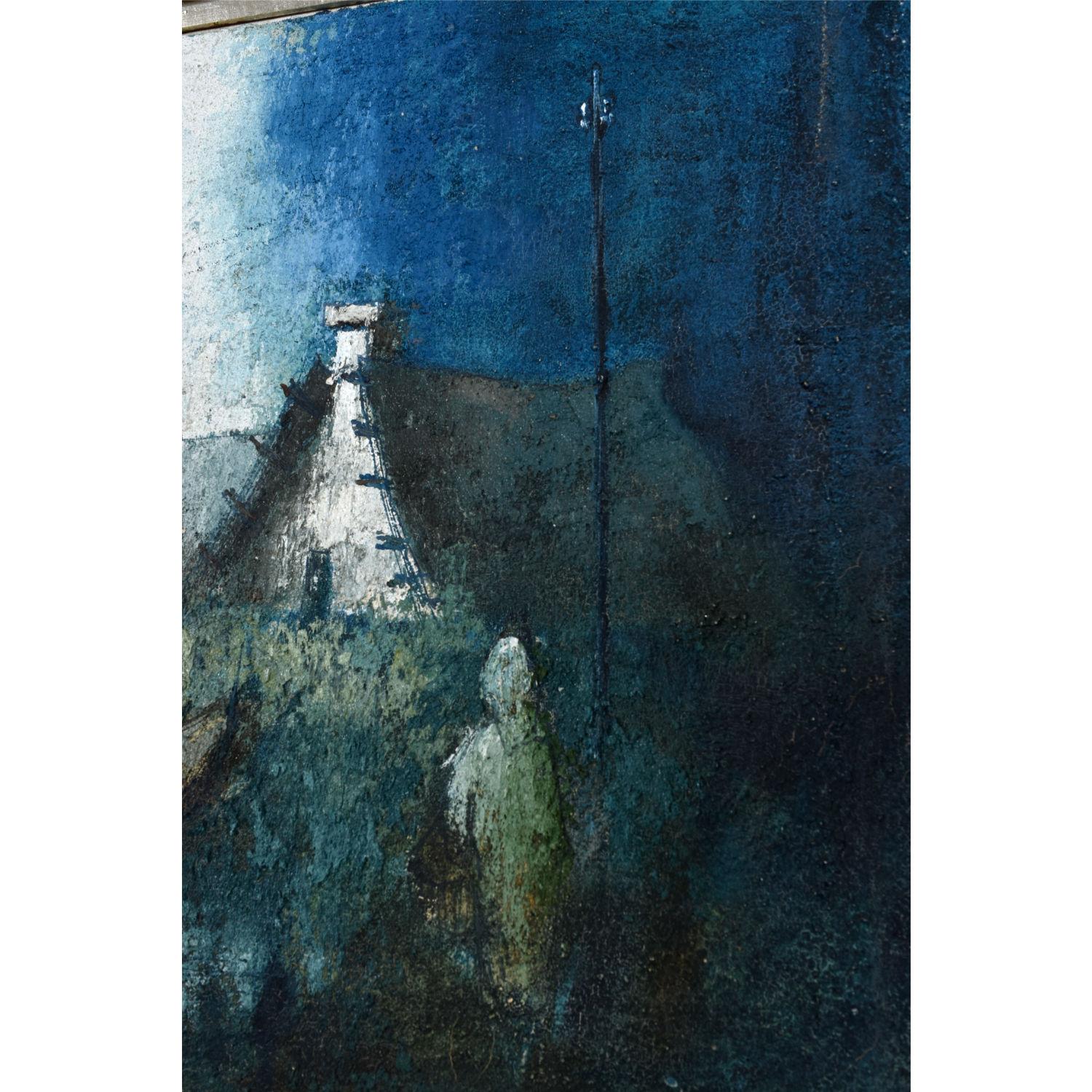 Erhabenes expressionistisches Dorflandschaftsgemälde mit Boot in Blau, Weiß und Blau im Angebot 3