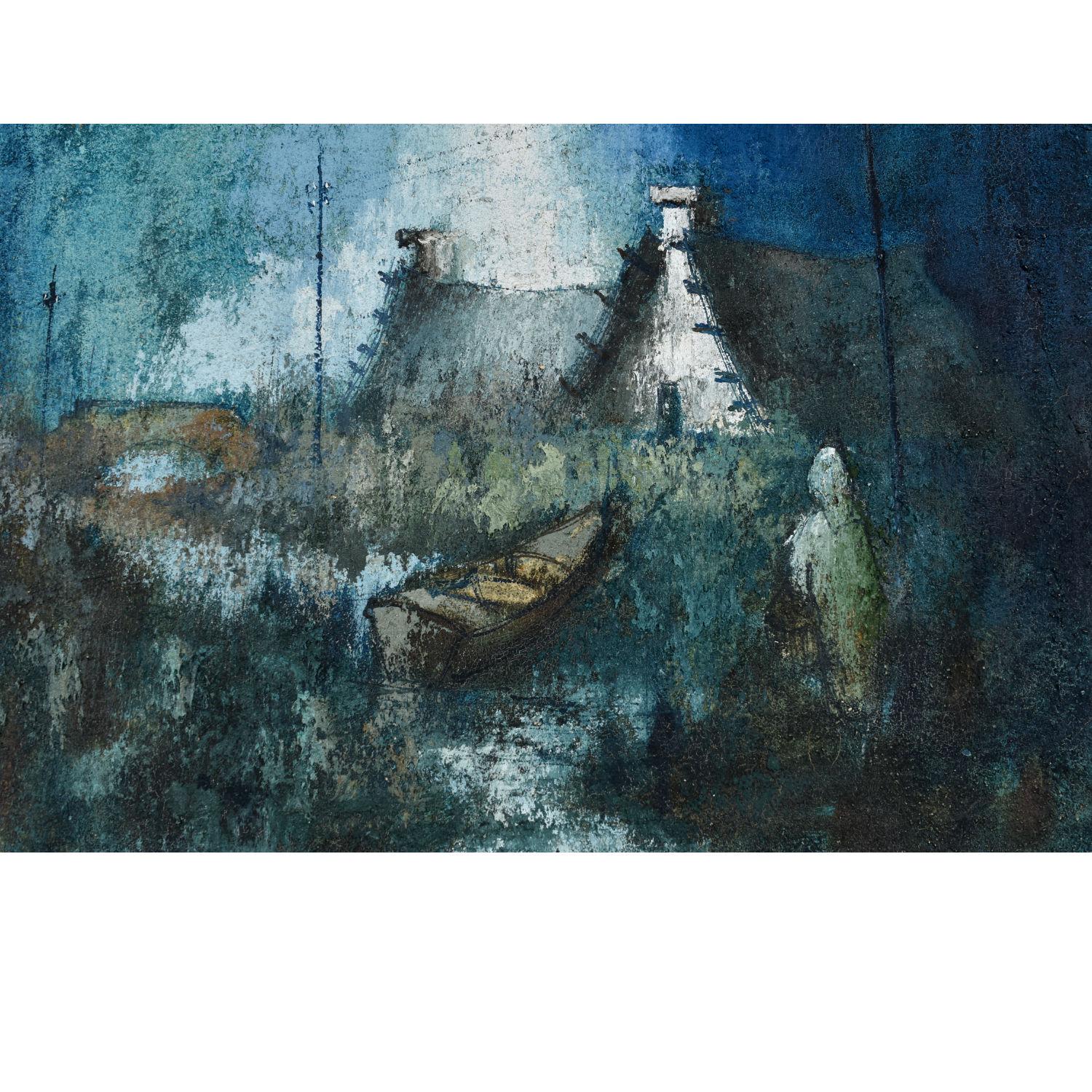 Erhabenes expressionistisches Dorflandschaftsgemälde mit Boot in Blau, Weiß und Blau im Angebot 4