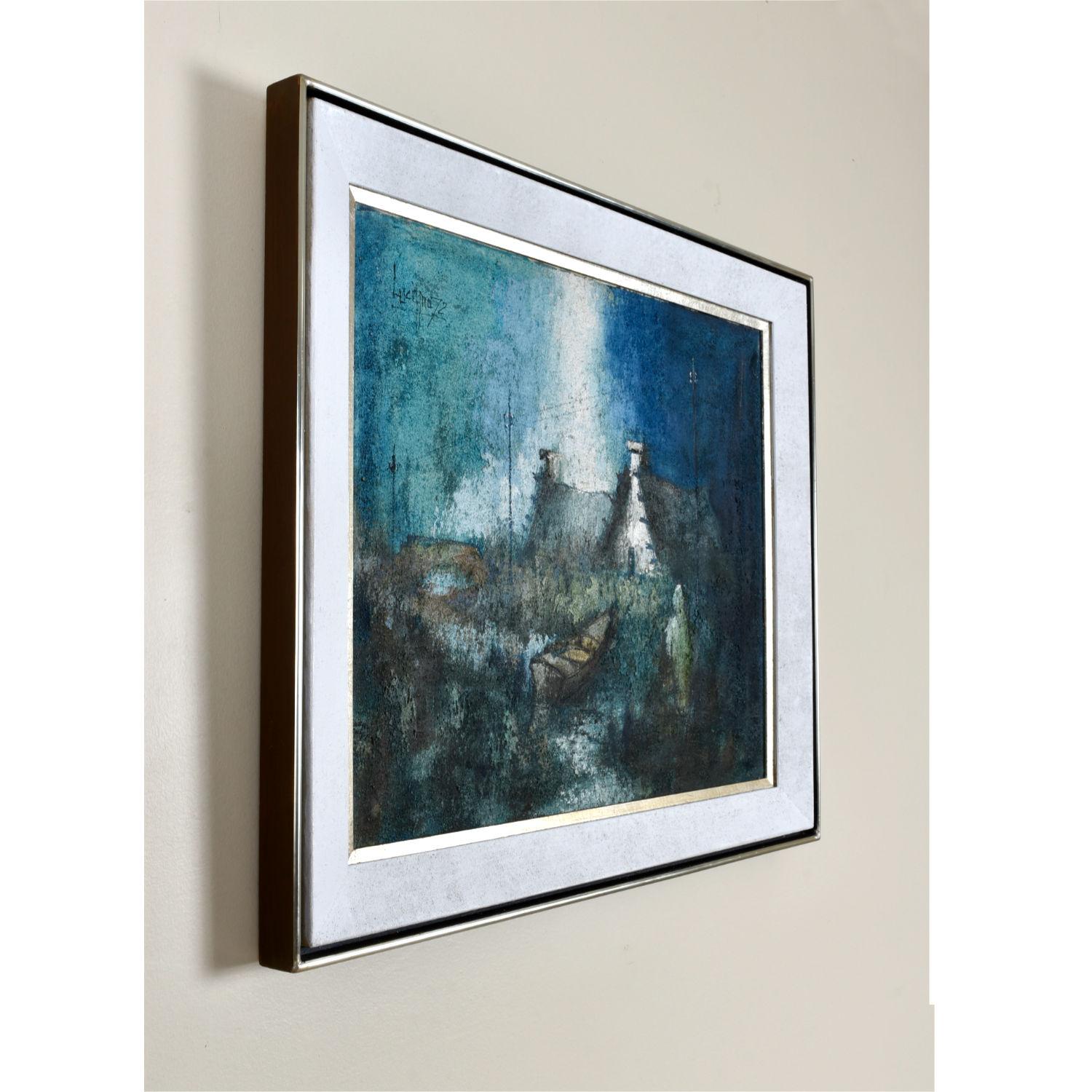 Sublime Expressionist Blue White and Teal Village Landscape Painting with Boat For Sale 5