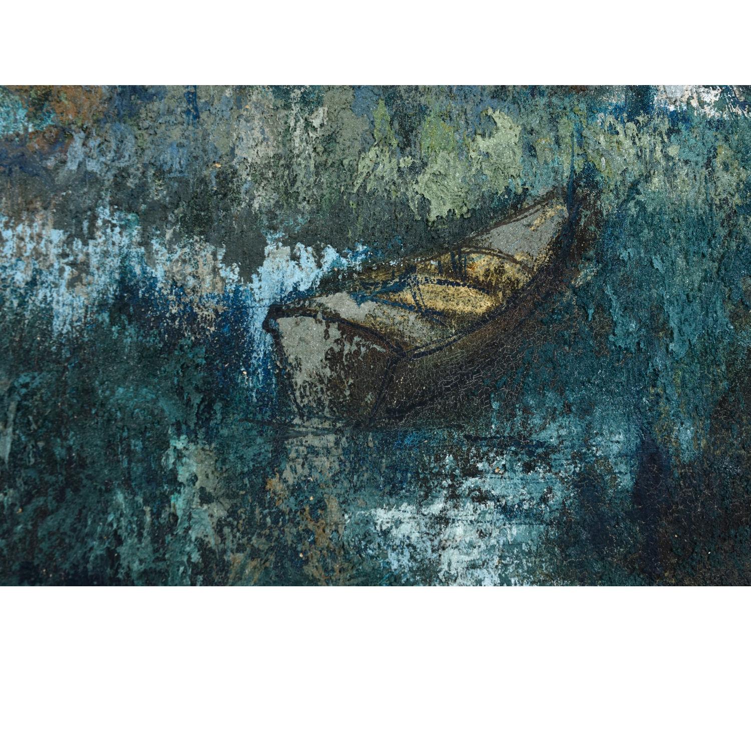 Erhabenes expressionistisches Dorflandschaftsgemälde mit Boot in Blau, Weiß und Blau (amerikanisch) im Angebot