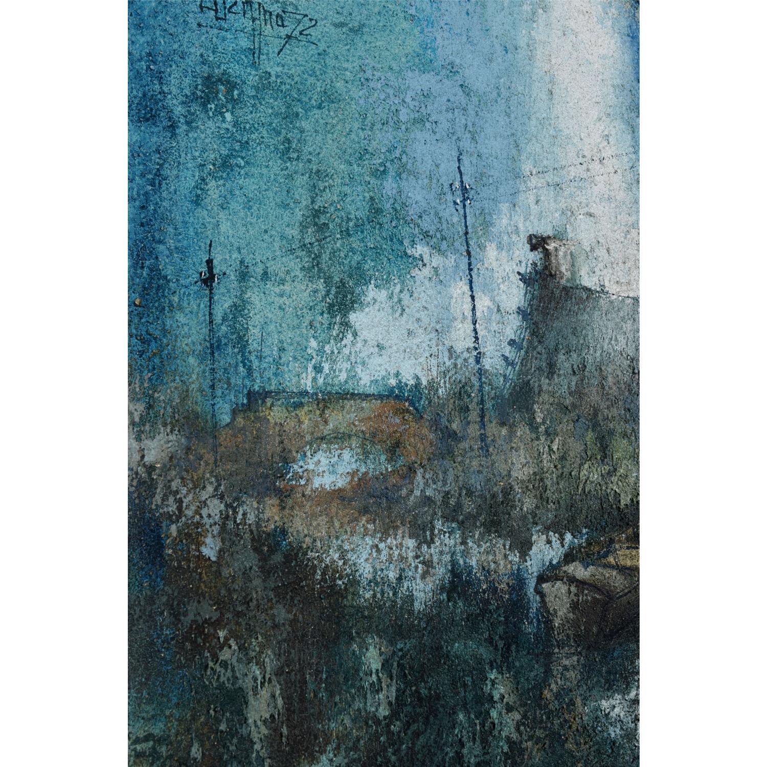 Canvas Sublime Expressionist Blue White and Teal Village Landscape Painting with Boat For Sale