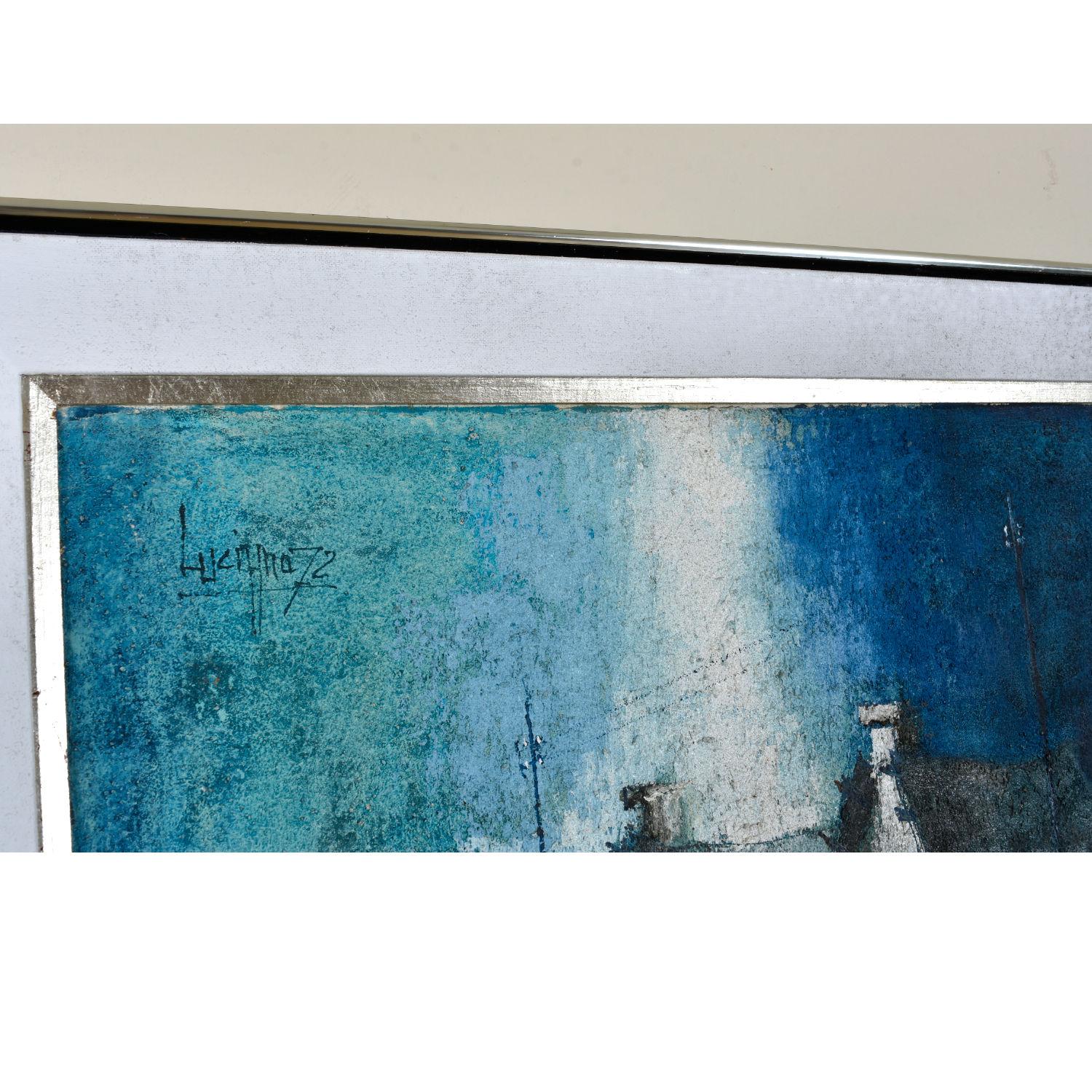 Sublime Expressionist Blue White and Teal Village Landscape Painting with Boat For Sale 1