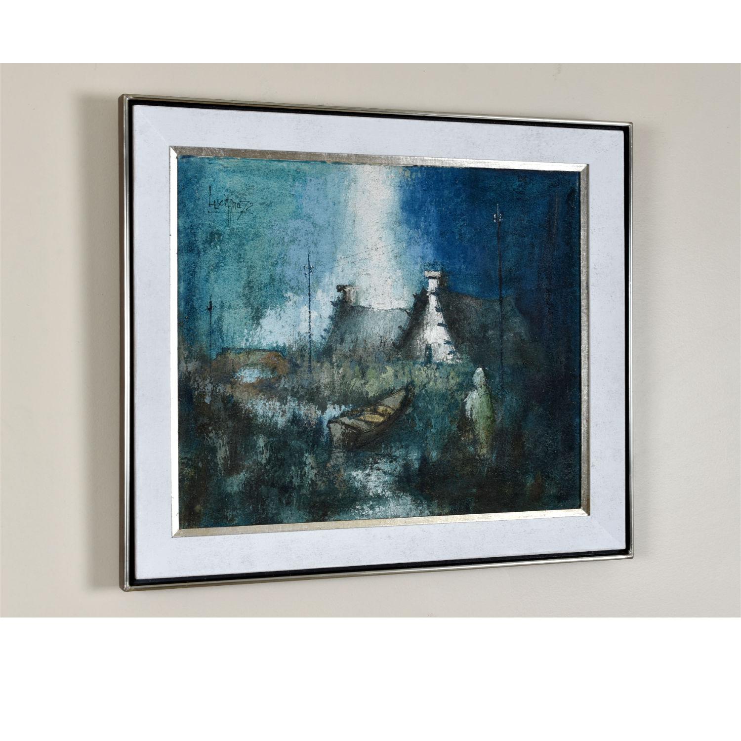 Sublime Expressionist Blue White and Teal Village Landscape Painting with Boat For Sale 2