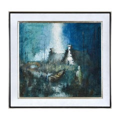 Sublime Expressionist Blue White and Teal Village Landscape Painting with Boat
