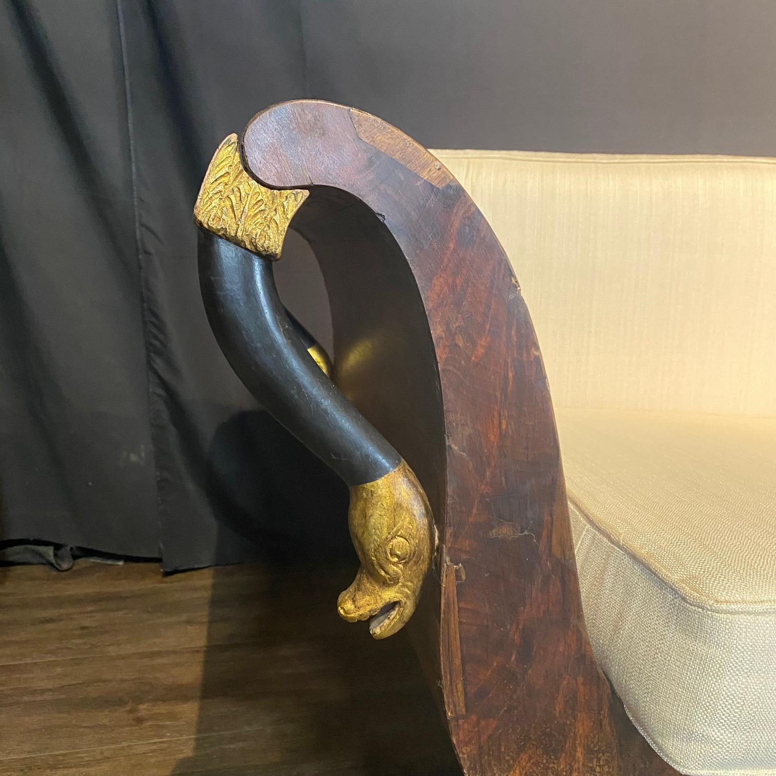19th Century Sublime French Empire Walnut Curvy Sofa with Gilded Swans and New Upholstery For Sale