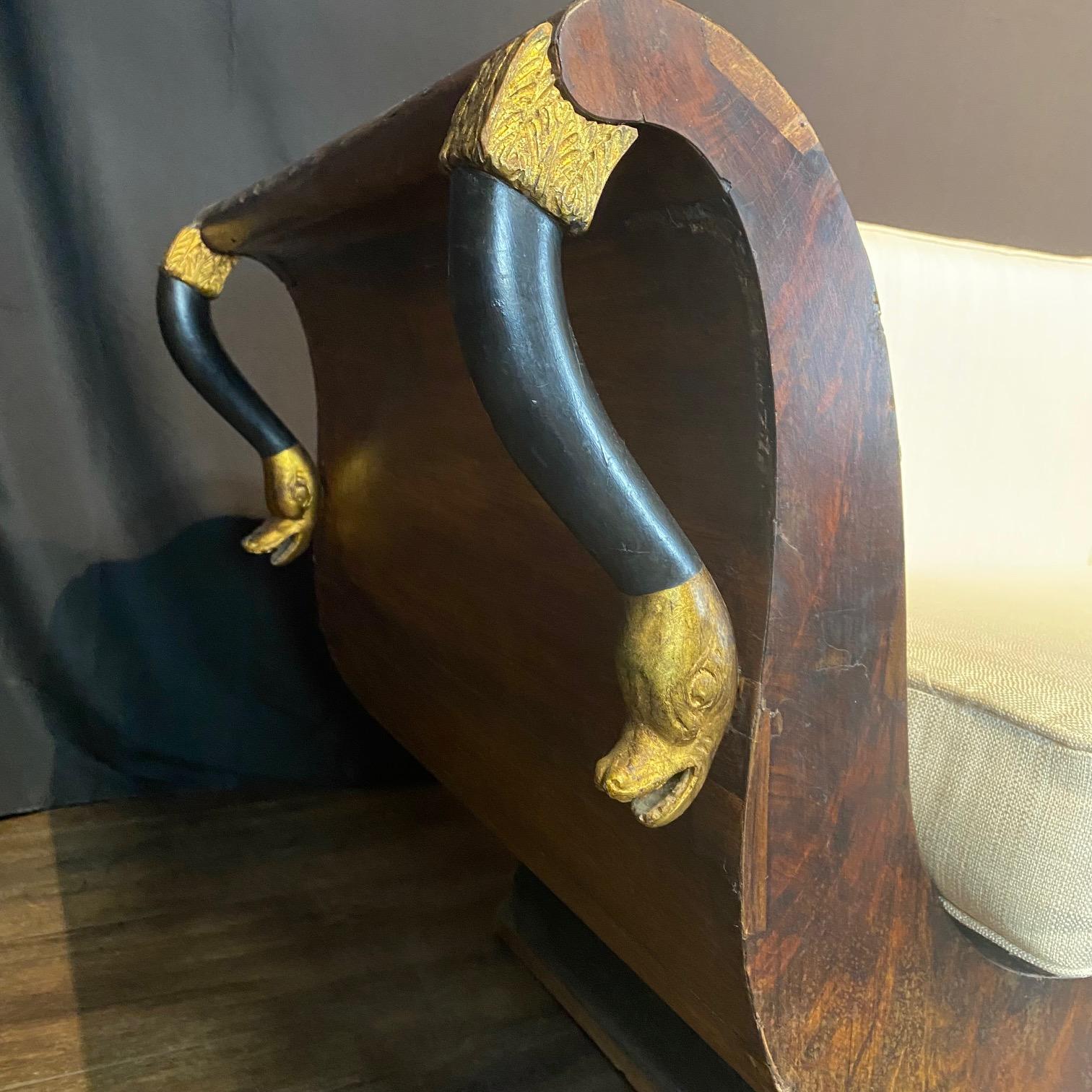 Sublime French Empire Walnut Curvy Sofa with Gilded Swans and New Upholstery For Sale 1