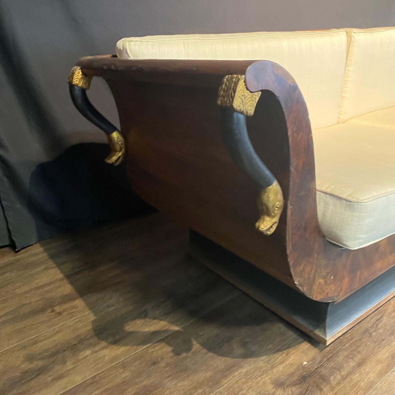 Sublime French Empire Walnut Curvy Sofa with Gilded Swans and New Upholstery For Sale 5