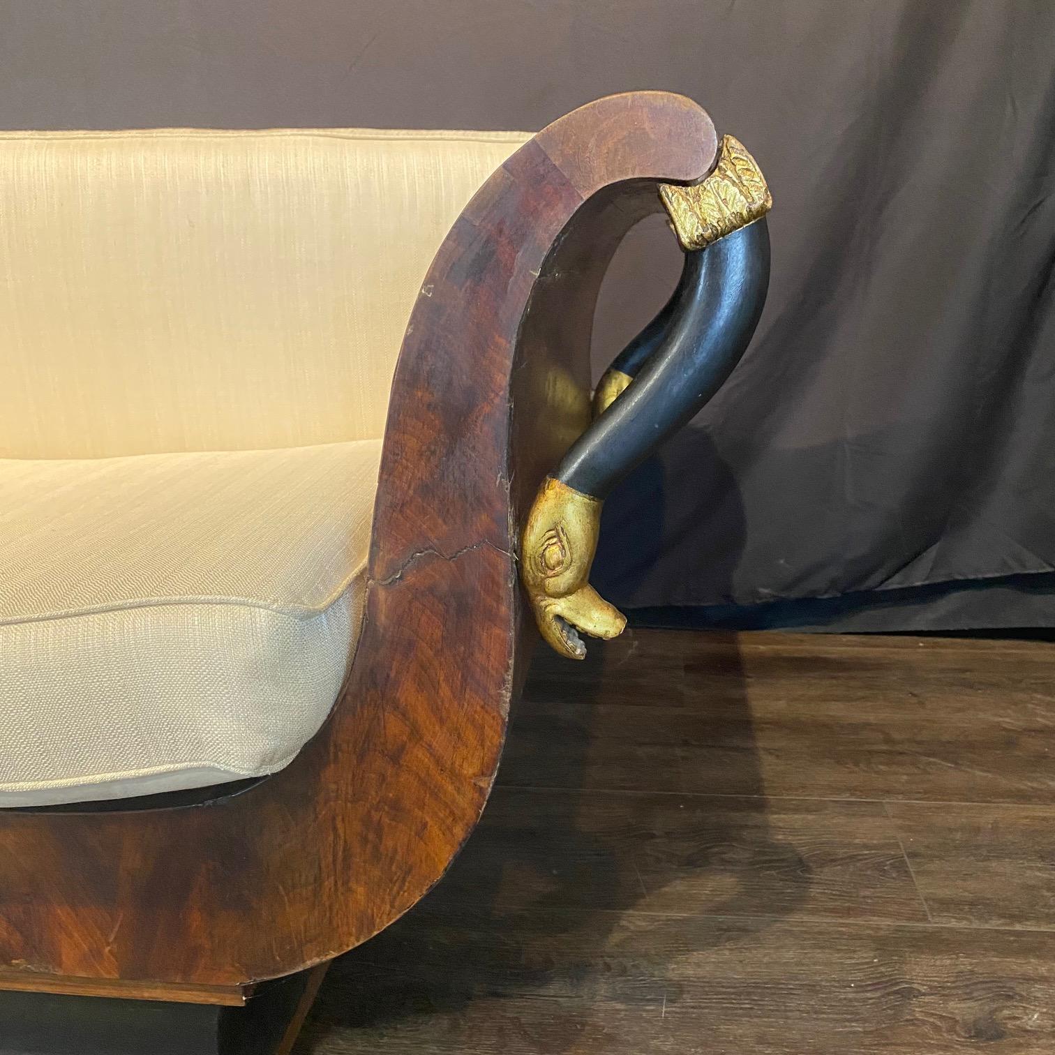 Sublime French Empire Walnut Curvy Sofa with Gilded Swans and New Upholstery For Sale 7