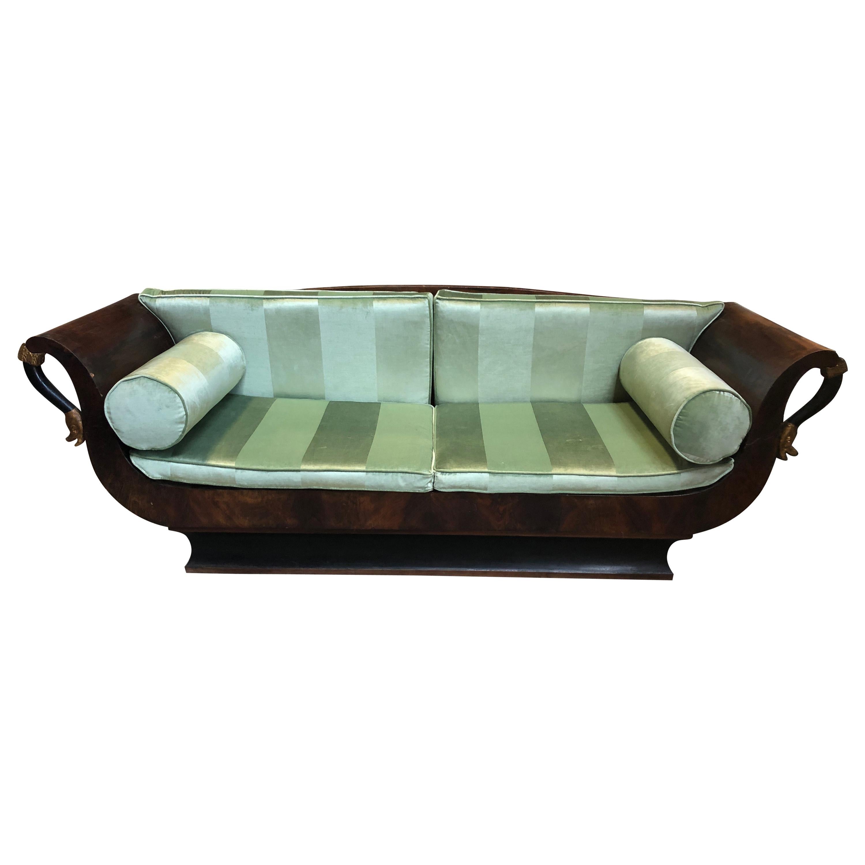 Sublime French Empire Walnut Curvy Sofa with Gilded Swans and Velvet Upholstery