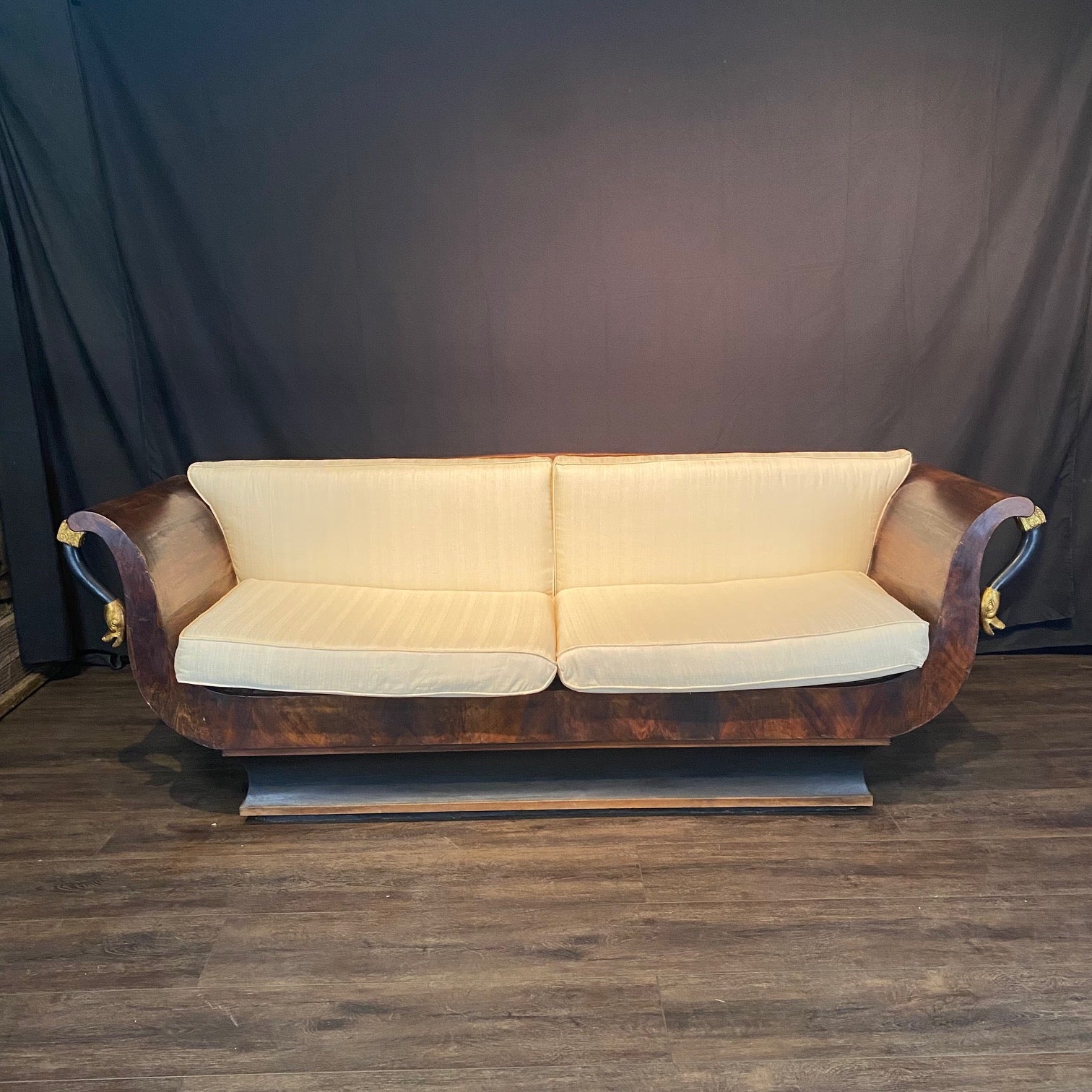 Sublime French Empire Walnut Curvy Sofa with Gilded Swans and New Upholstery For Sale