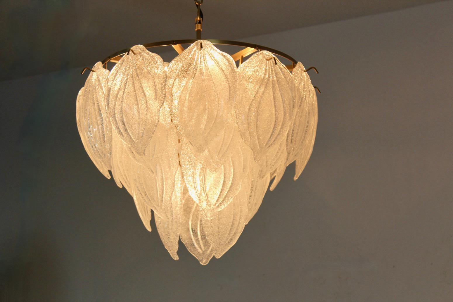 Mid-Century Modern Sublime Frosted Glass Leaves Chandelier, 2 Available