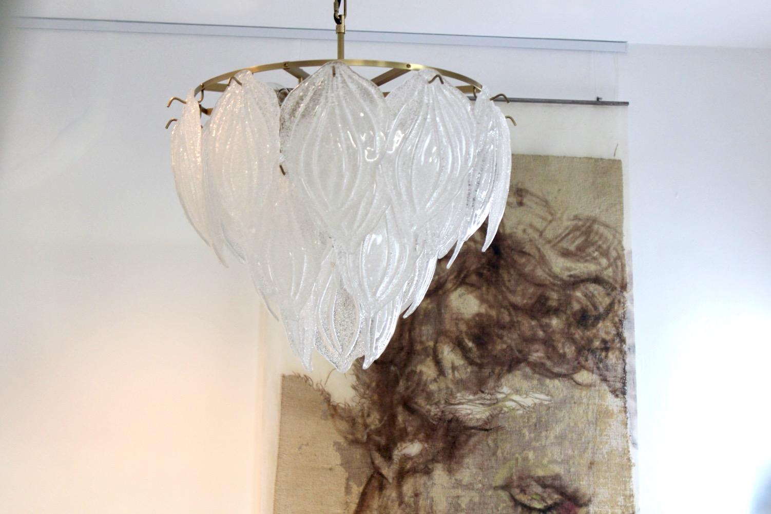 German Sublime Frosted Glass Leaves Chandelier, 2 Available