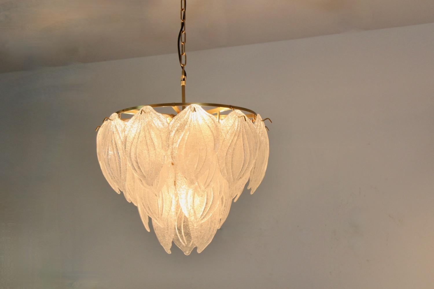 Brass Sublime Frosted Glass Leaves Chandelier, 2 Available