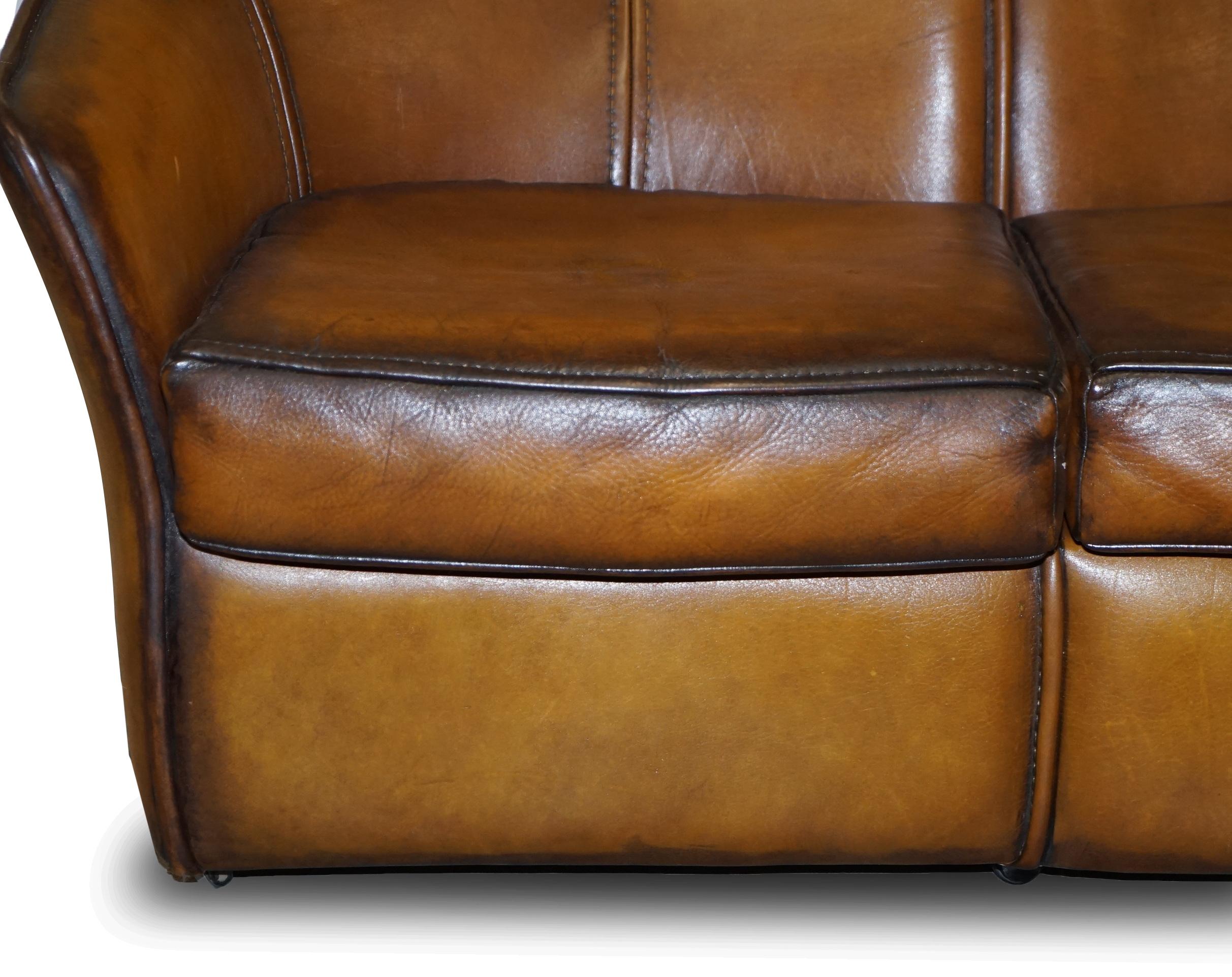 Sublime Fully Restored Art Modern Curved Back Brown Leather Sofa Part of Suite For Sale 2