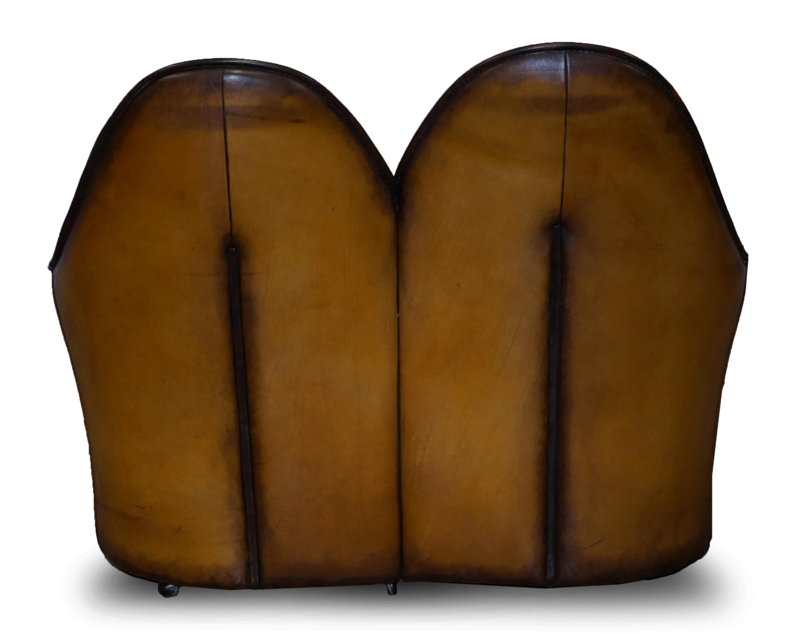 Sublime Fully Restored Art Modern Curved Back Brown Leather Sofa Part of Suite For Sale 4