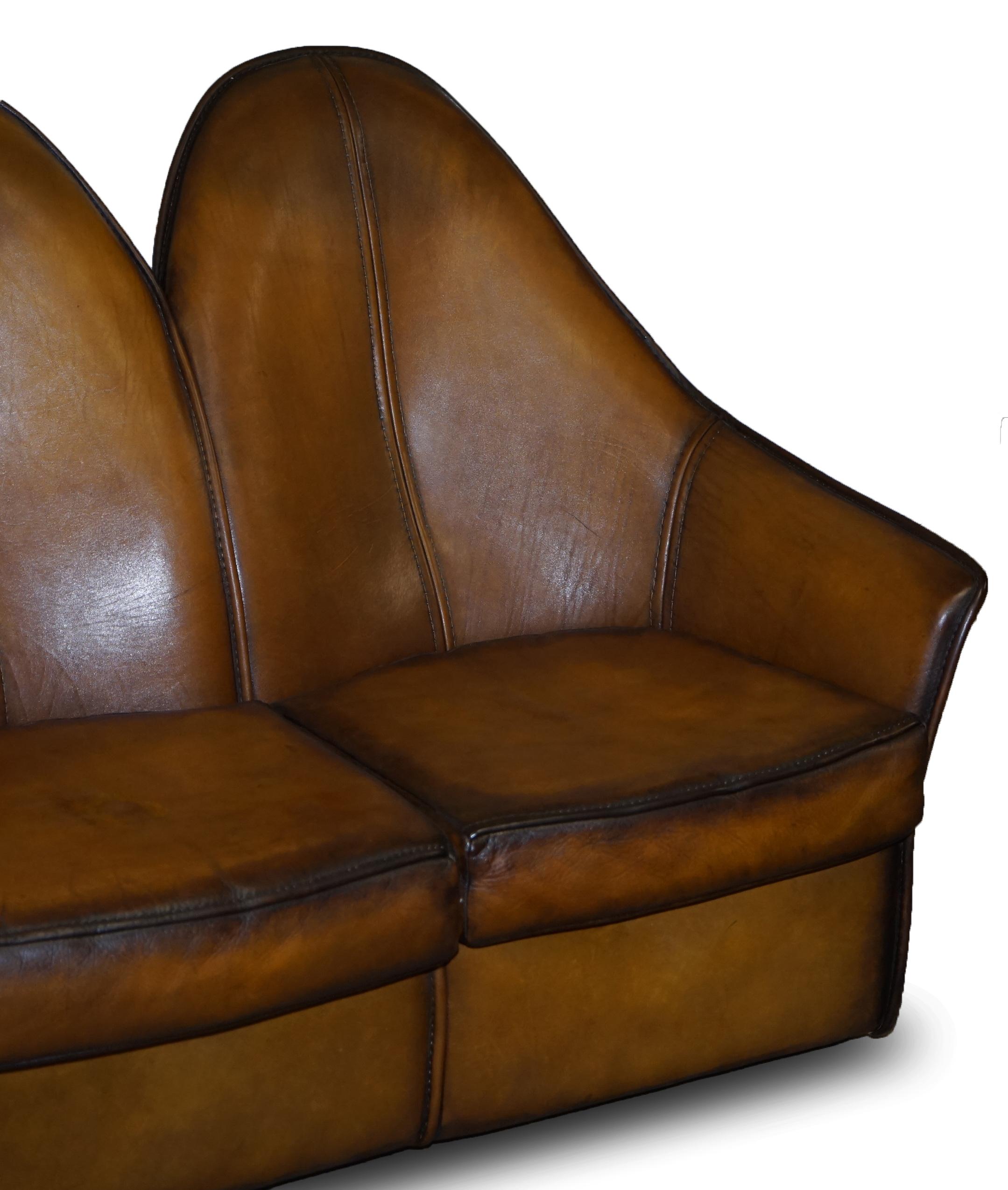 Post-Modern Sublime Fully Restored Art Modern Curved Back Brown Leather Sofa Part of Suite For Sale