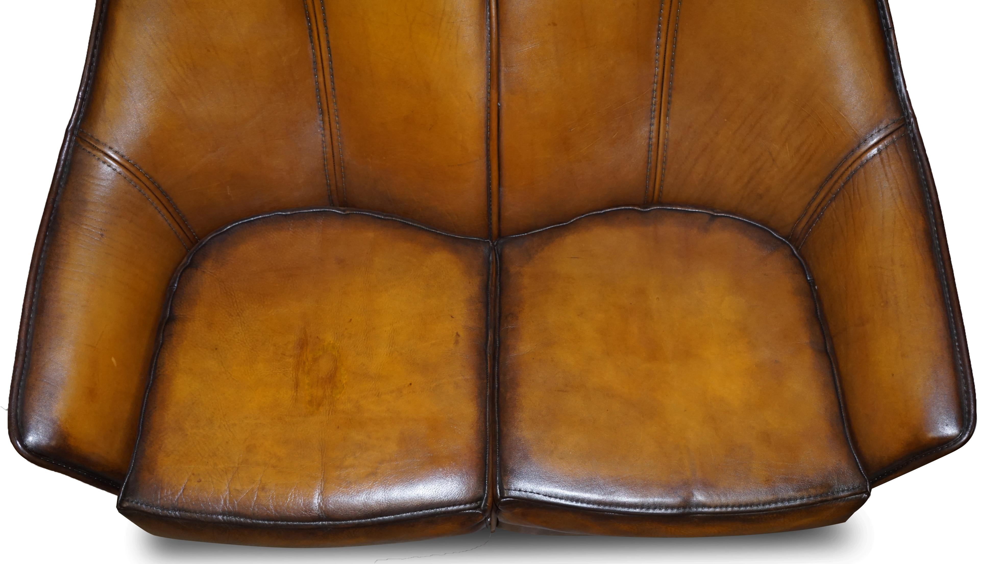 English Sublime Fully Restored Art Modern Curved Back Brown Leather Sofa Part of Suite For Sale