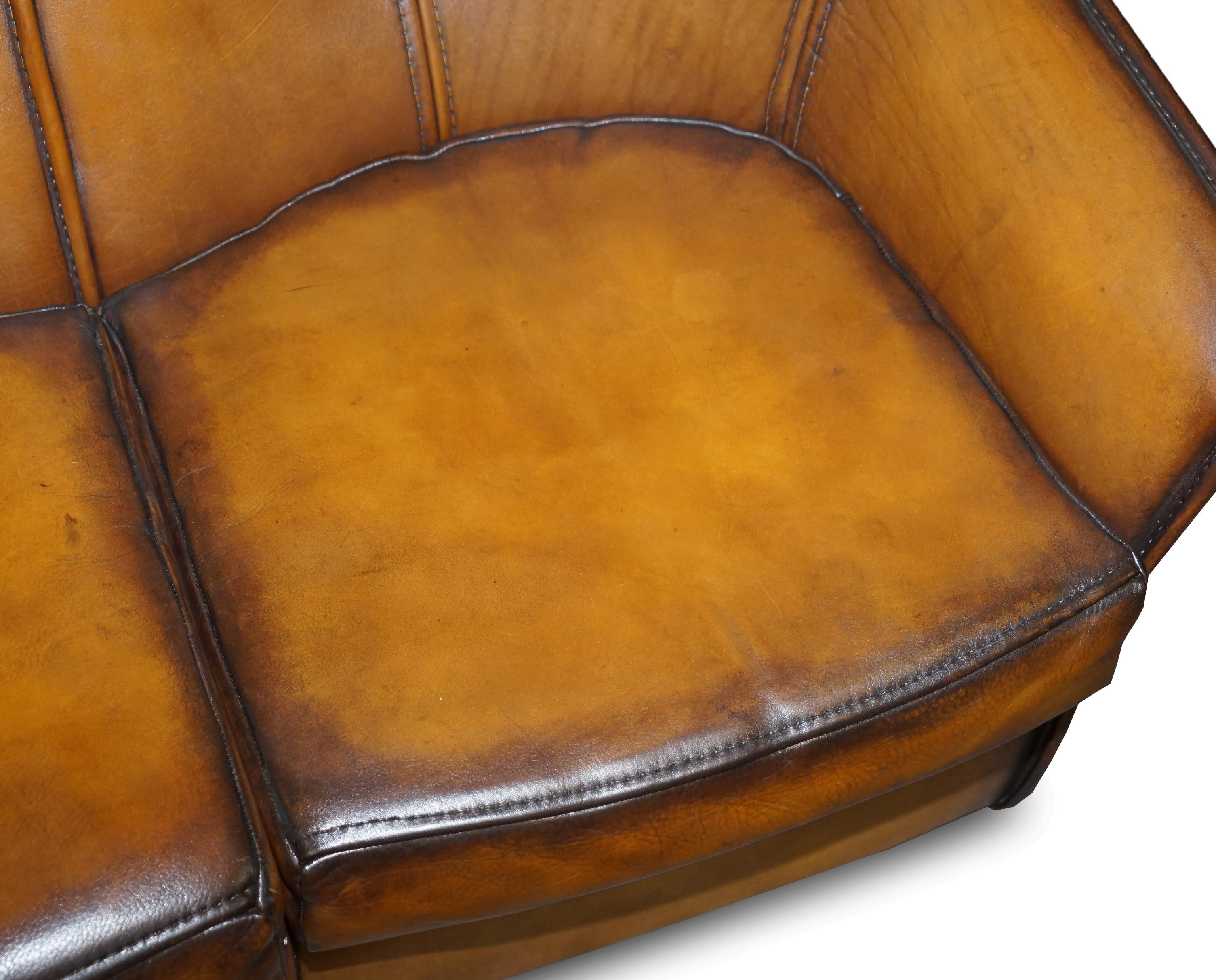 Hand-Crafted Sublime Fully Restored Art Modern Curved Back Brown Leather Sofa Part of Suite For Sale