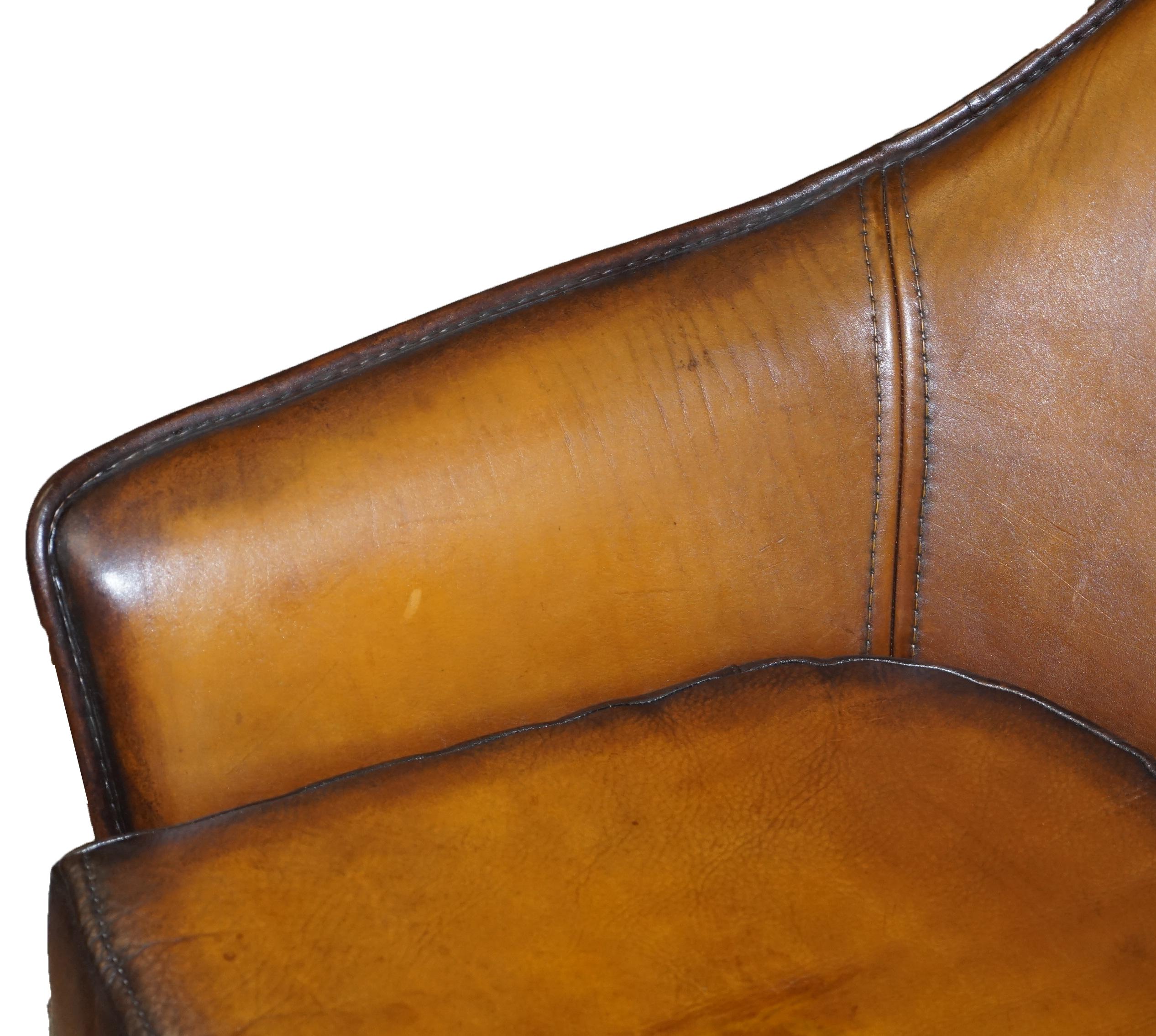 20th Century Sublime Fully Restored Art Modern Curved Back Brown Leather Sofa Part of Suite For Sale