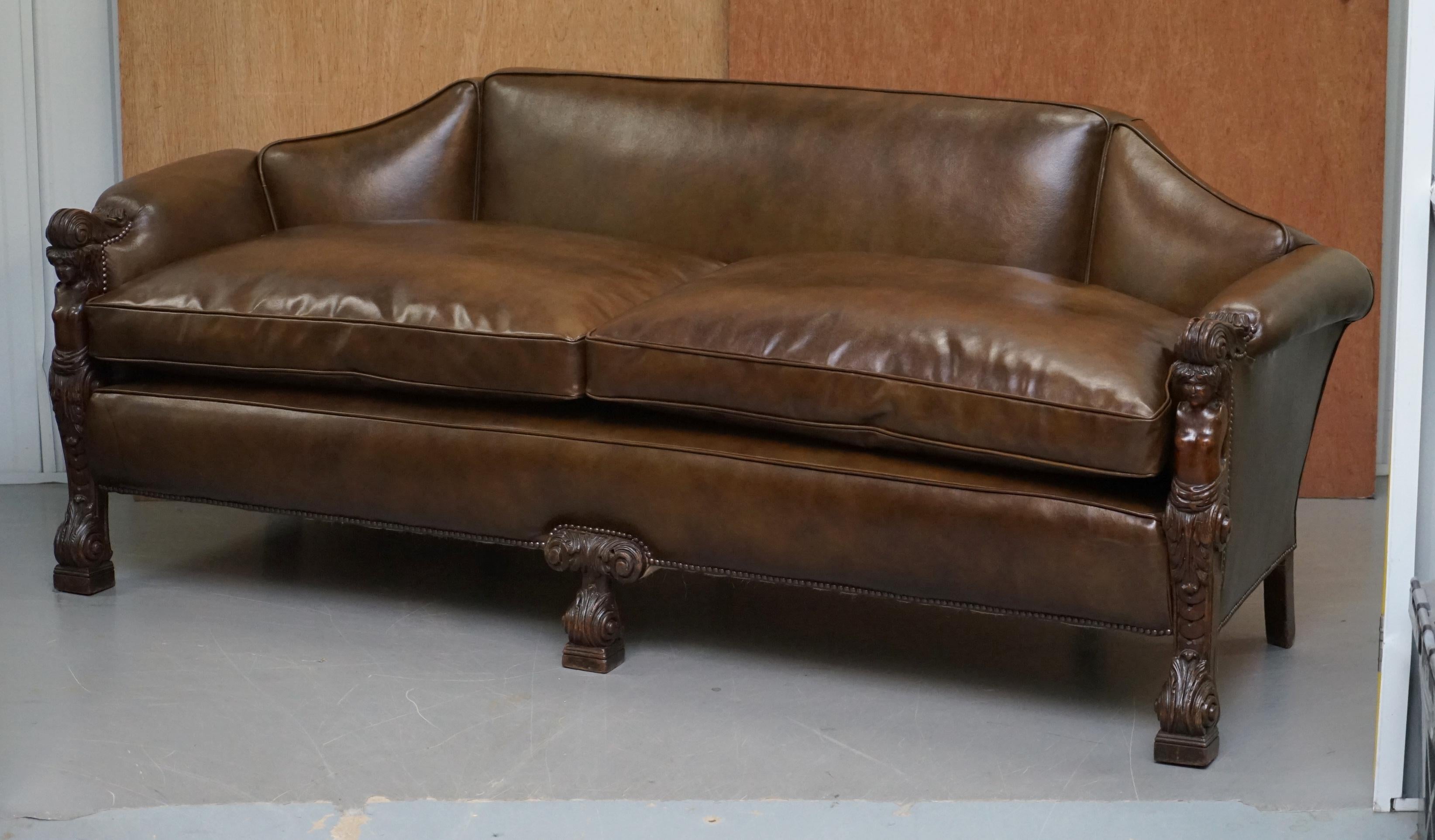 English Sublime Fully Restored Regency 1810 Sofa Brown Leather Carved Herms Statue Frame For Sale