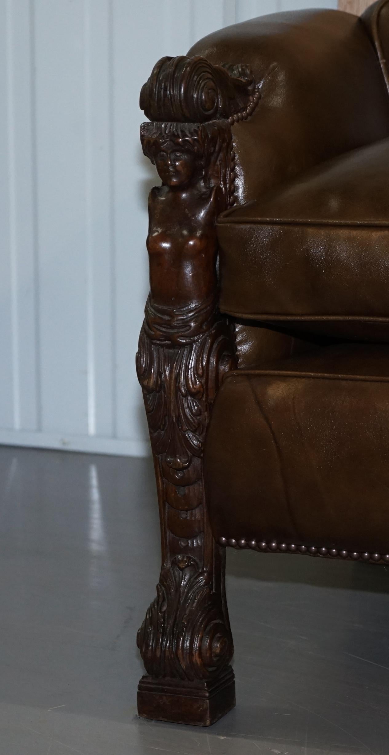 Hand-Crafted Sublime Fully Restored Regency 1810 Sofa Brown Leather Carved Herms Statue Frame For Sale