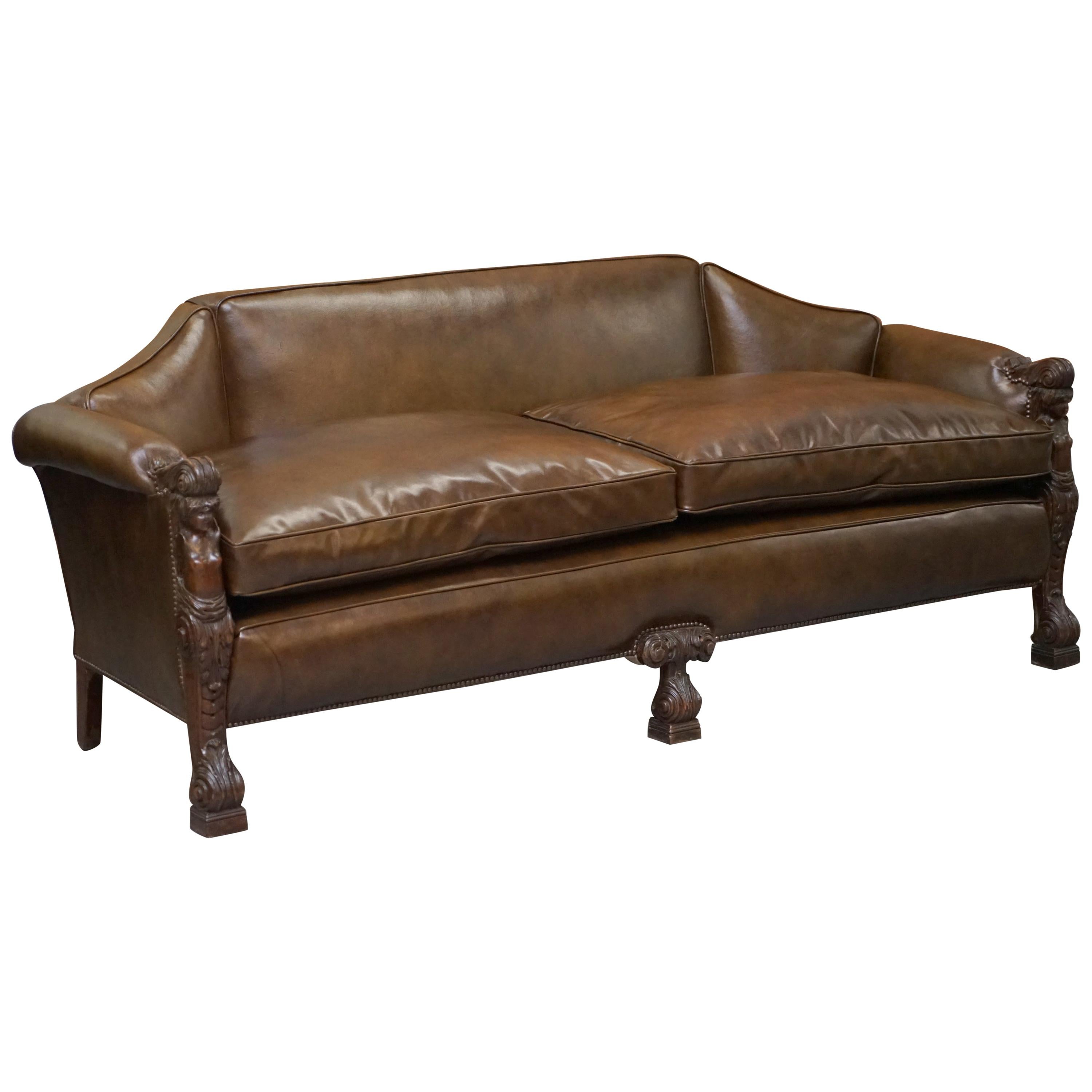 Sublime Fully Restored Regency 1810 Sofa Brown Leather Carved Herms Statue Frame For Sale