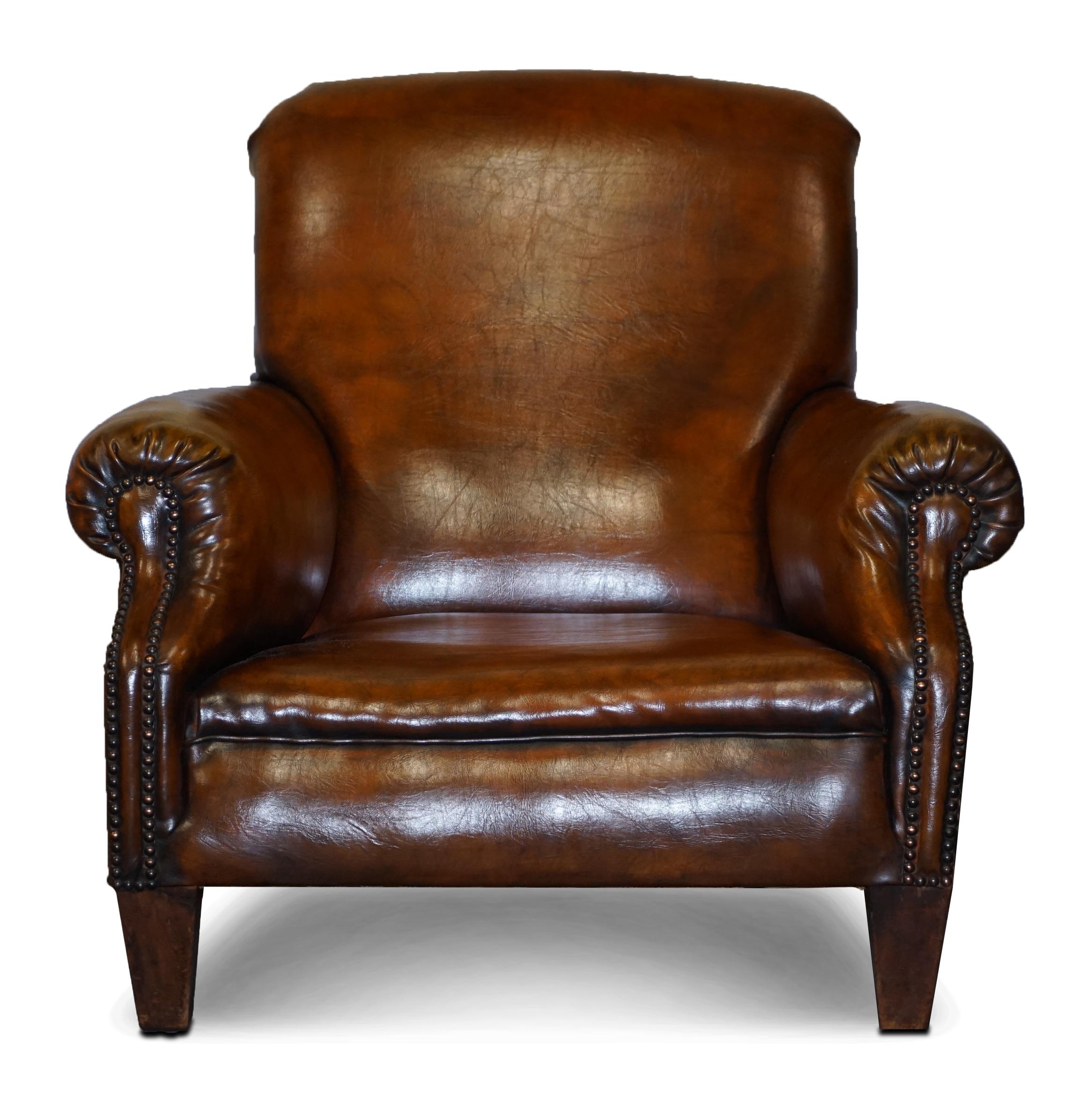 We are delighted to offer for sale this stunning fully restored Victorian hand dyed Cigar brown leather club armchair made in the style of Howard & Son’s

A very good looking well made and comfortable armchair, the leather is thick saddle hide