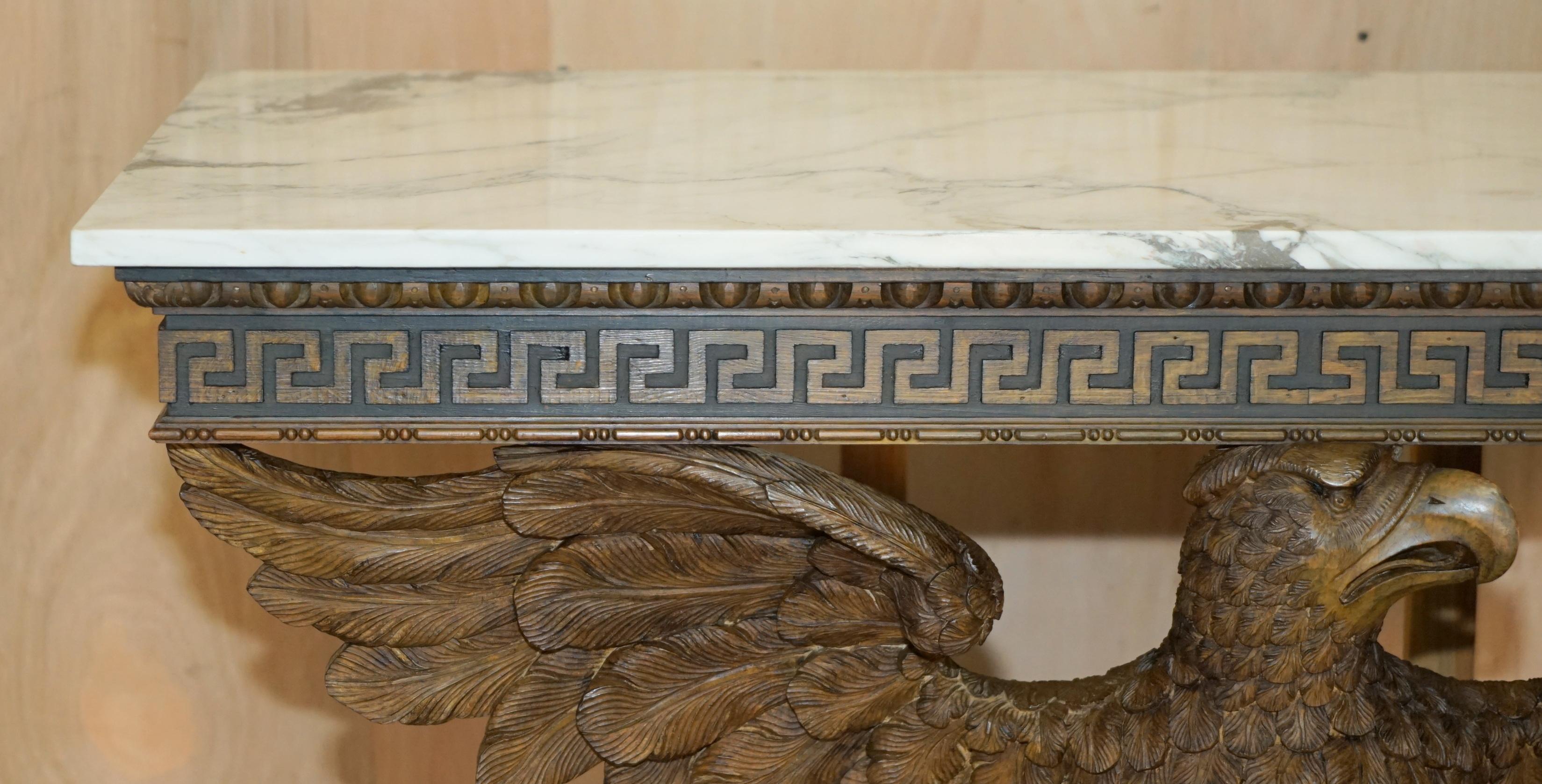 English SUBLIME HAND CARVED ANTIQUE EAGLE CONSOLE TABLE WiTH ITALIAN CARRARA MARBLE TOP For Sale