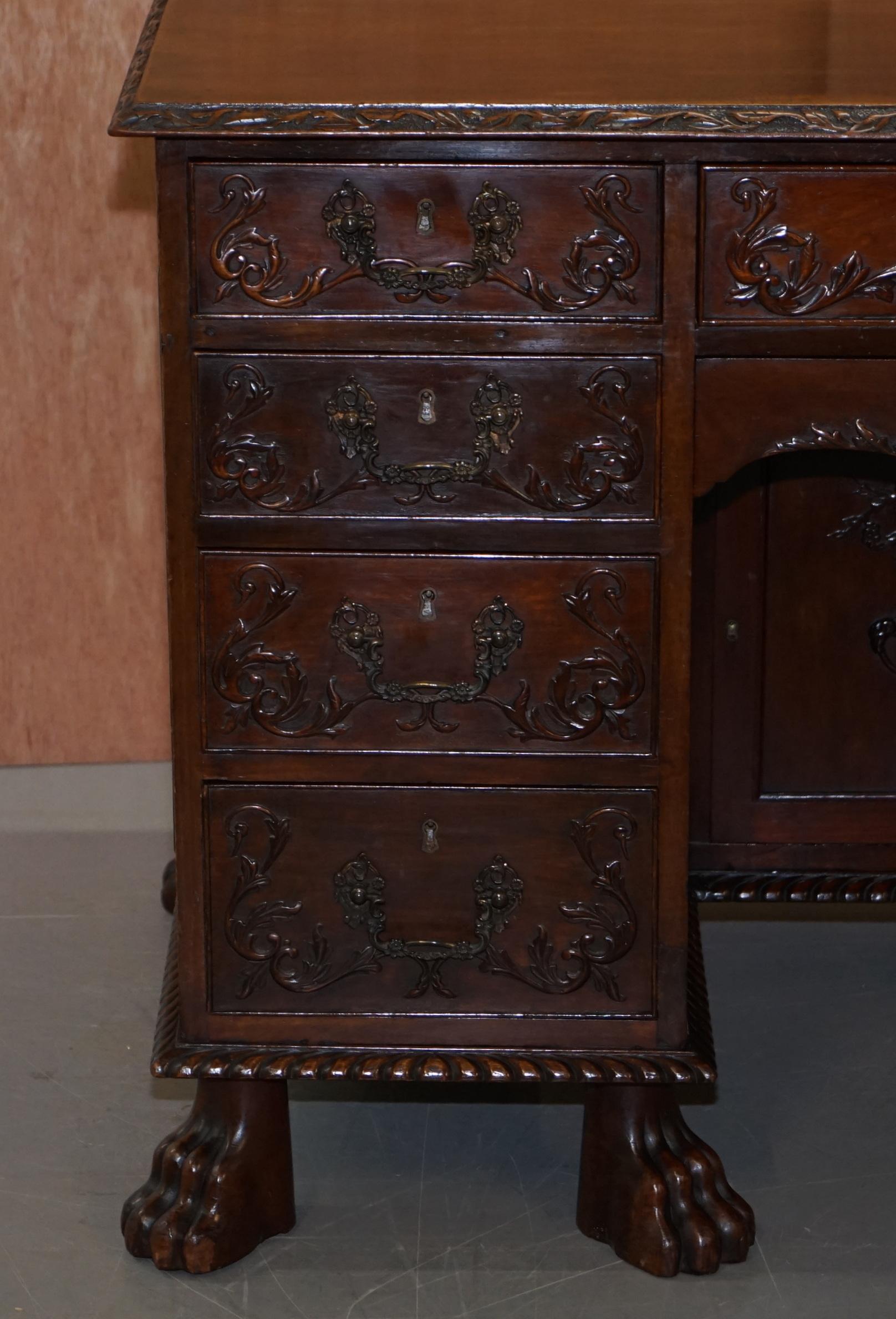 Sublime Hand Carved from Top to Bottom Antique Victorian 1850 Knee Hole Desk For Sale 3