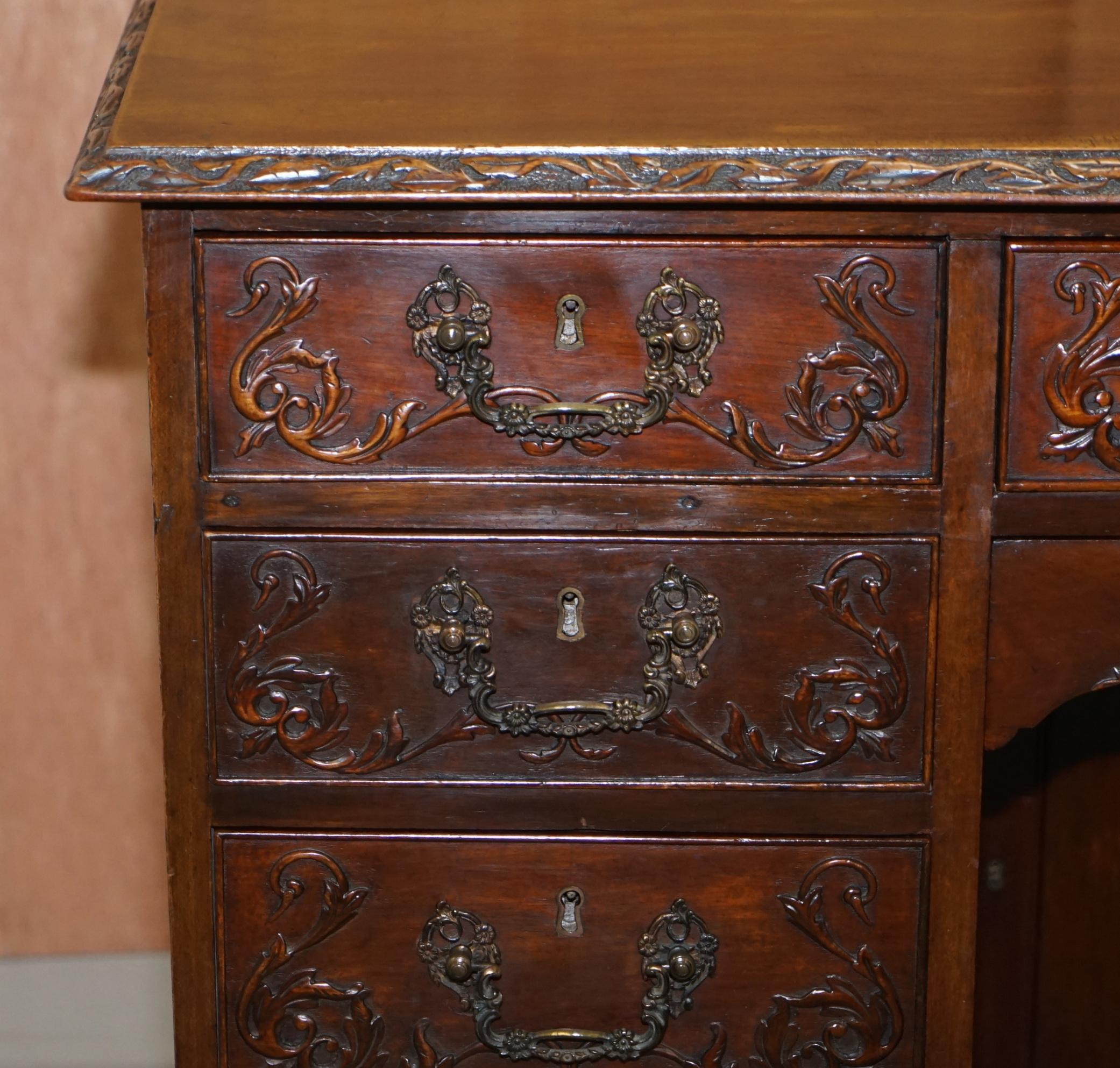 Sublime Hand Carved from Top to Bottom Antique Victorian 1850 Knee Hole Desk For Sale 5