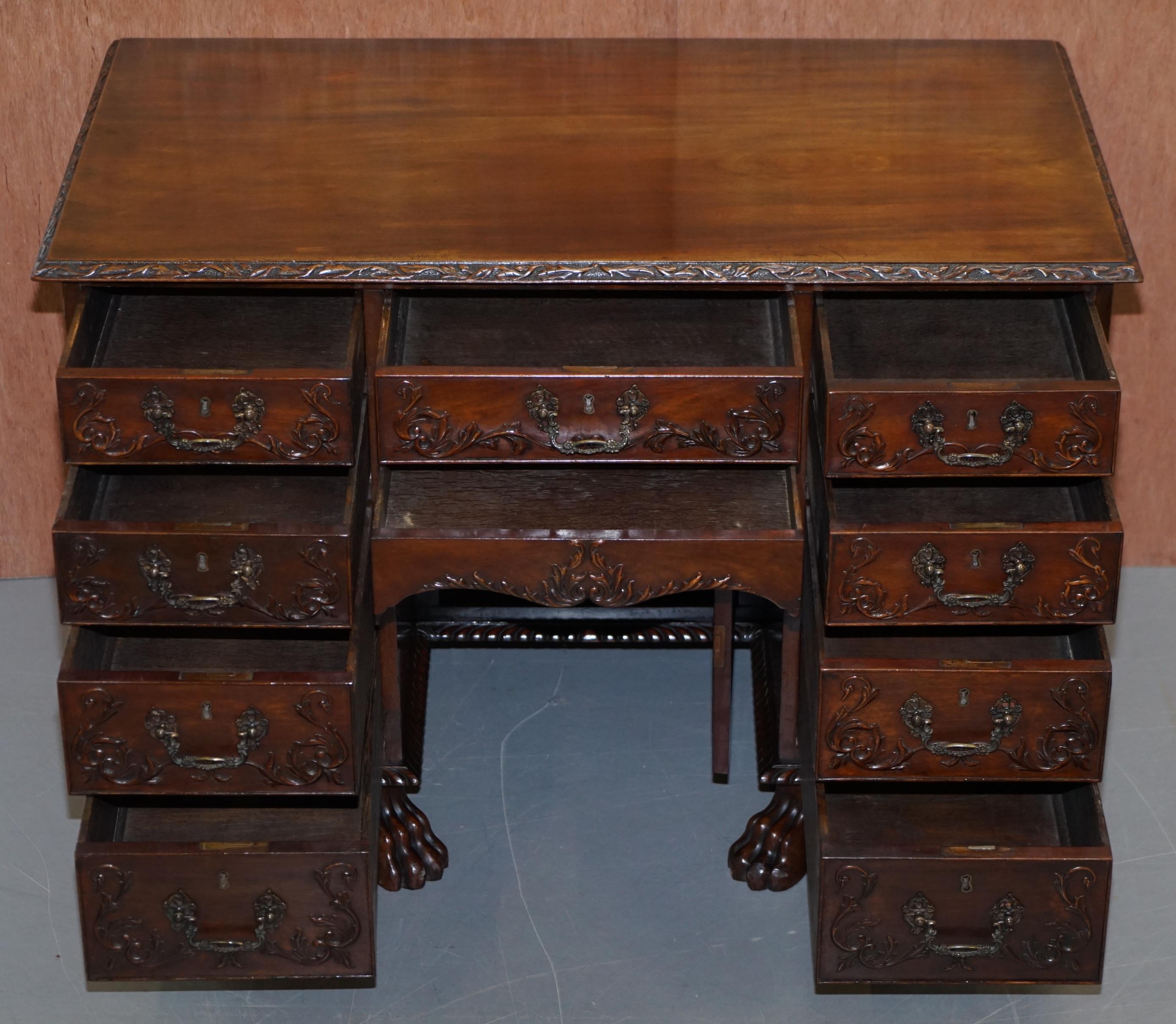Sublime Hand Carved from Top to Bottom Antique Victorian 1850 Knee Hole Desk For Sale 11