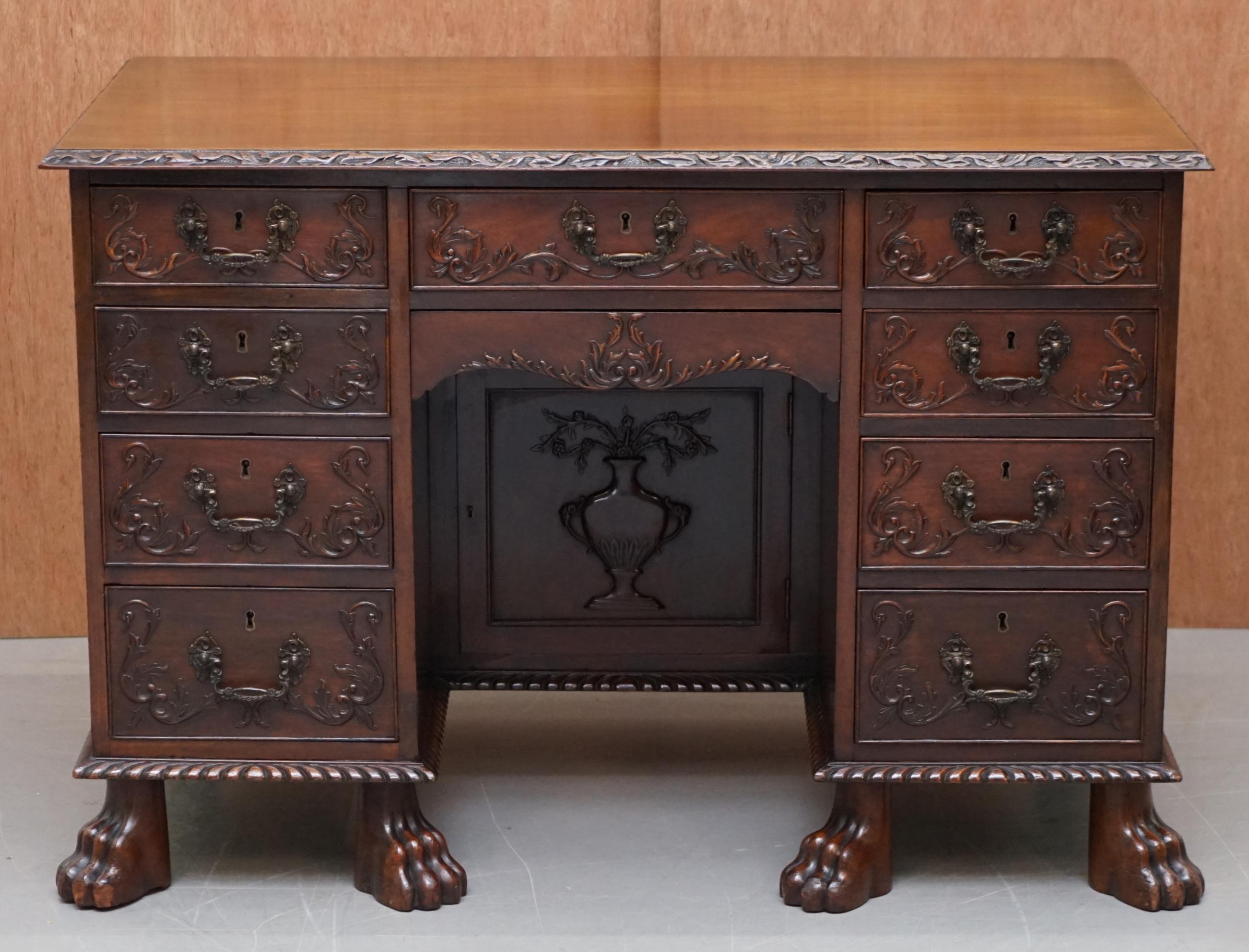 We are delighted to offer for sale this stunning and really quite rare original early Victorian hand carved solid mahogany Knee hole desk

A very decorative piece, originally made as an ornate and very decorative kneehole desk, now it could be