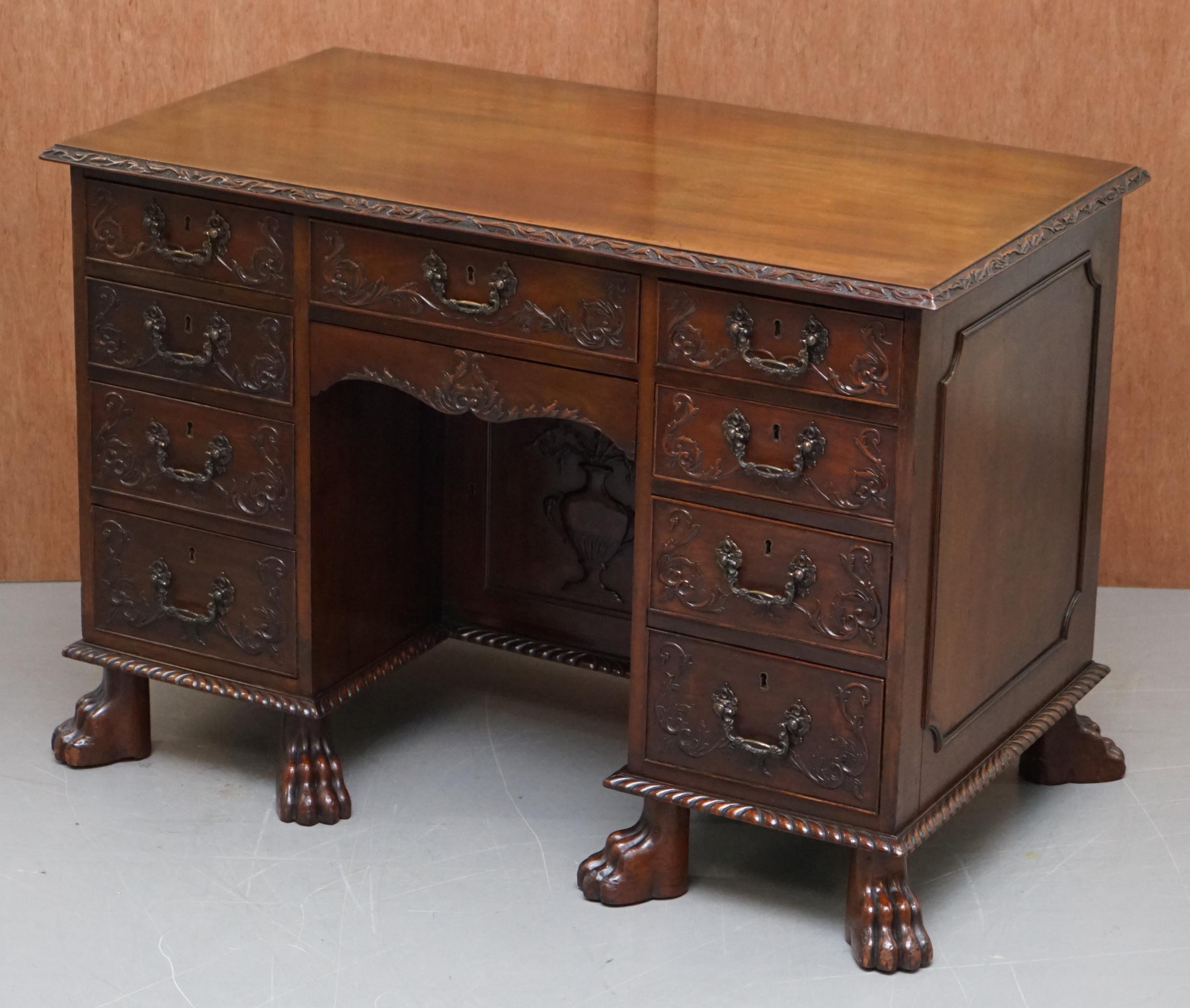 Early Victorian Sublime Hand Carved from Top to Bottom Antique Victorian 1850 Knee Hole Desk For Sale