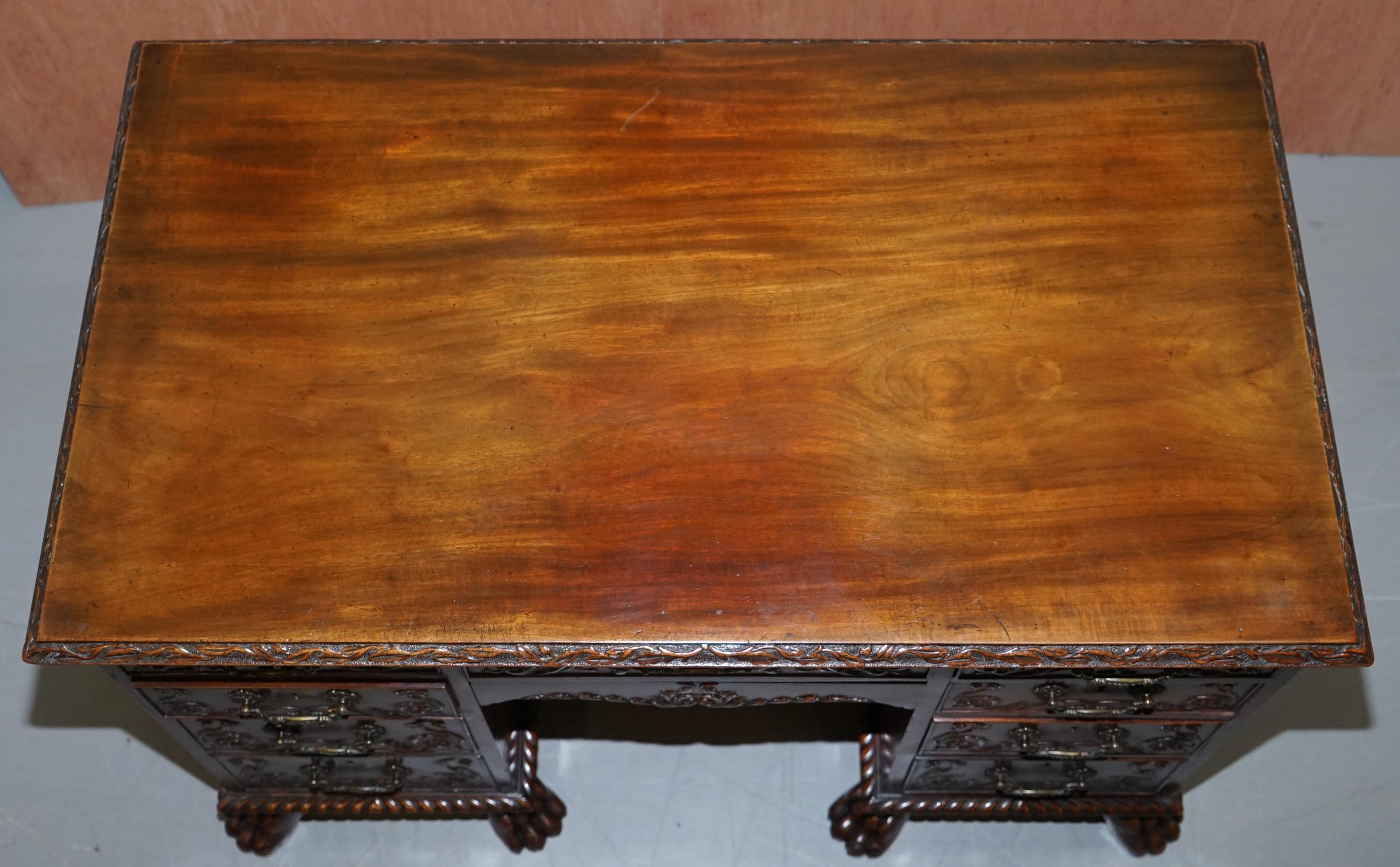 English Sublime Hand Carved from Top to Bottom Antique Victorian 1850 Knee Hole Desk For Sale