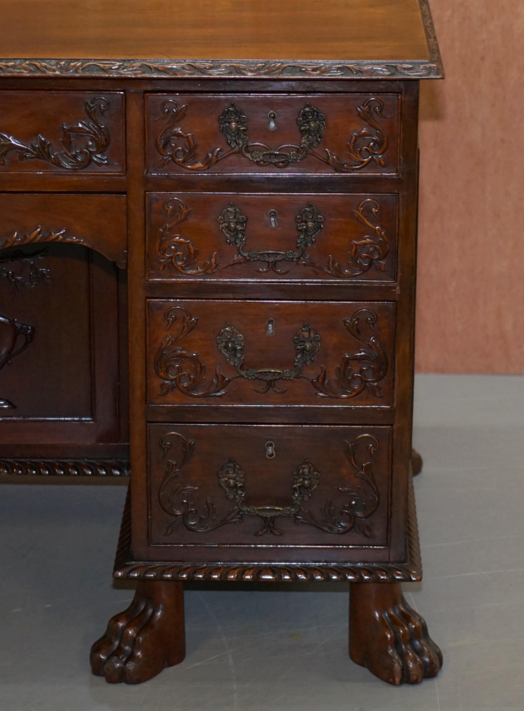 Hand-Carved Sublime Hand Carved from Top to Bottom Antique Victorian 1850 Knee Hole Desk For Sale