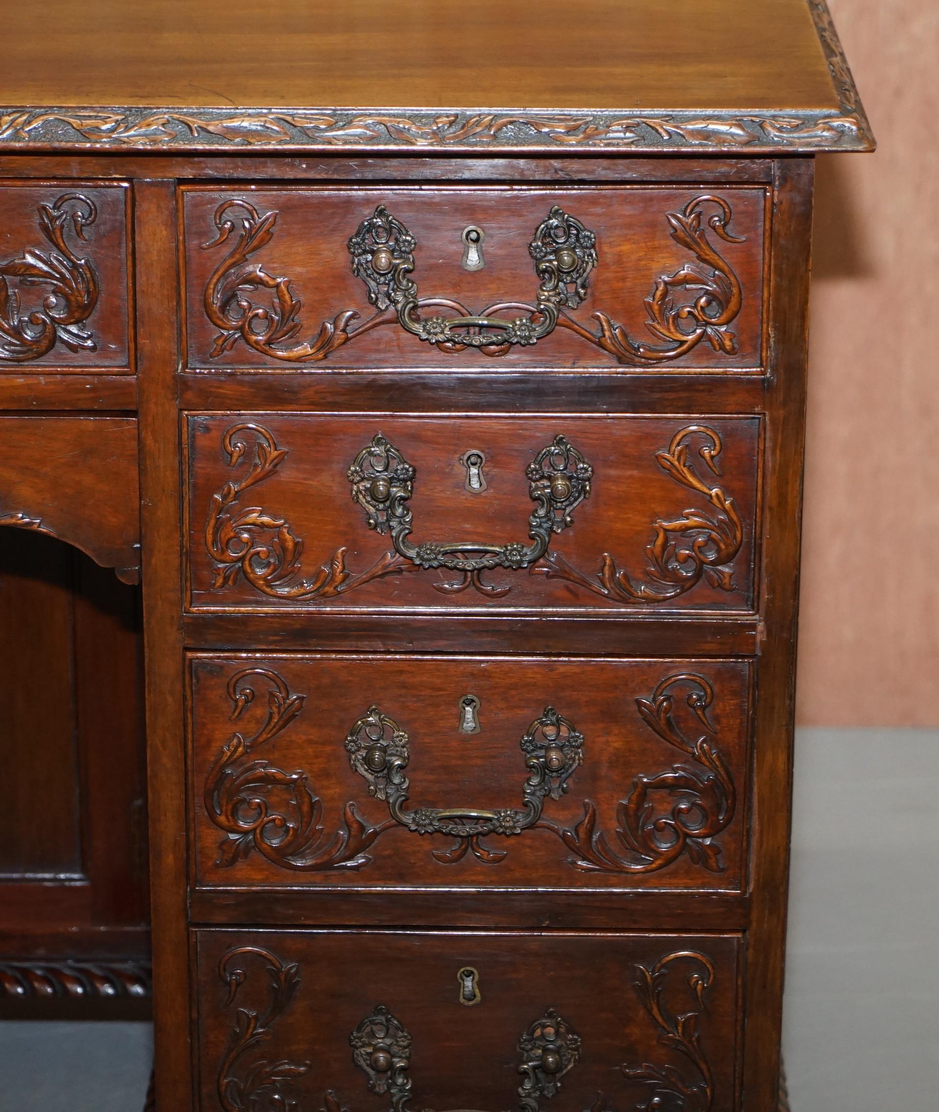 Mid-19th Century Sublime Hand Carved from Top to Bottom Antique Victorian 1850 Knee Hole Desk For Sale