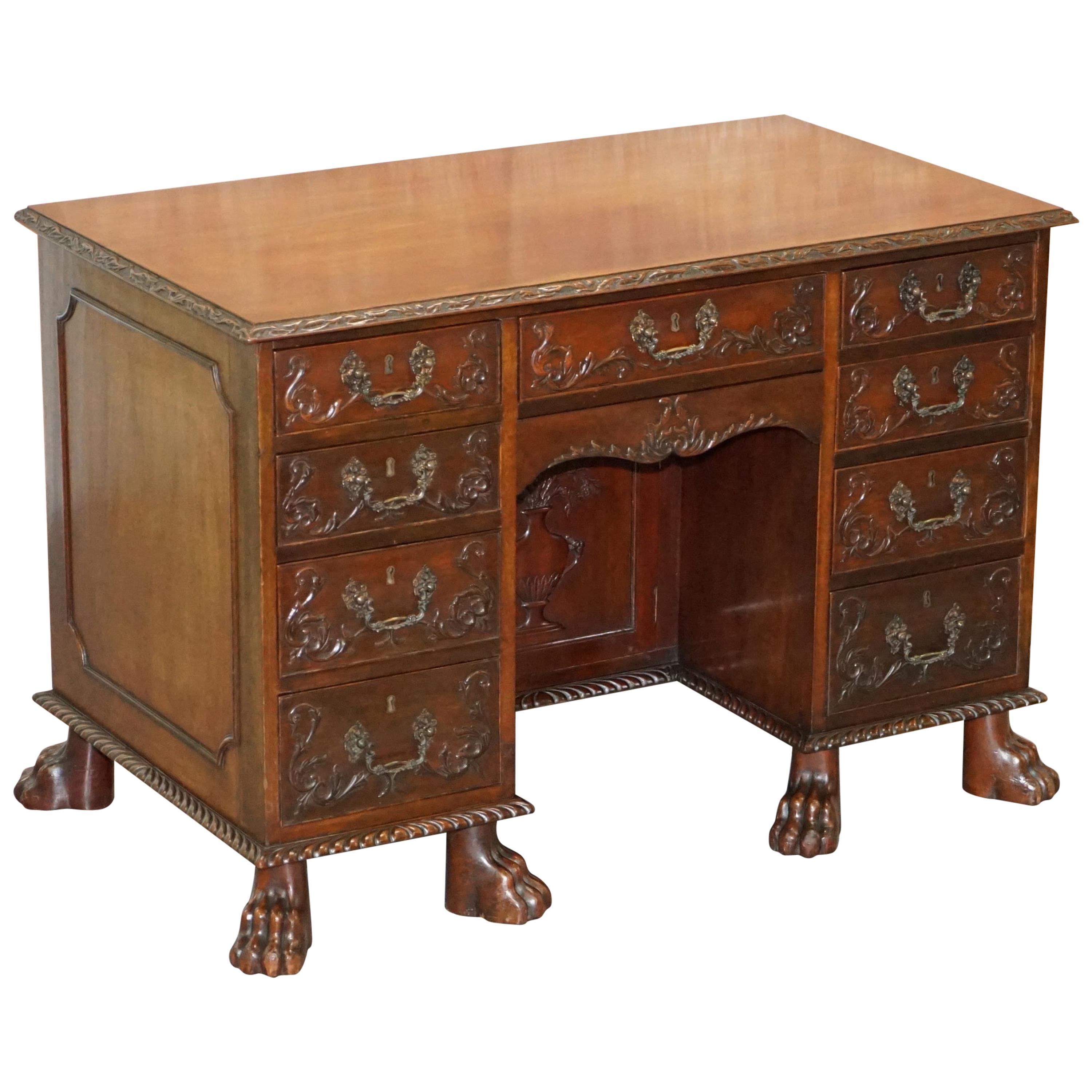 Sublime Hand Carved from Top to Bottom Antique Victorian 1850 Knee Hole Desk For Sale