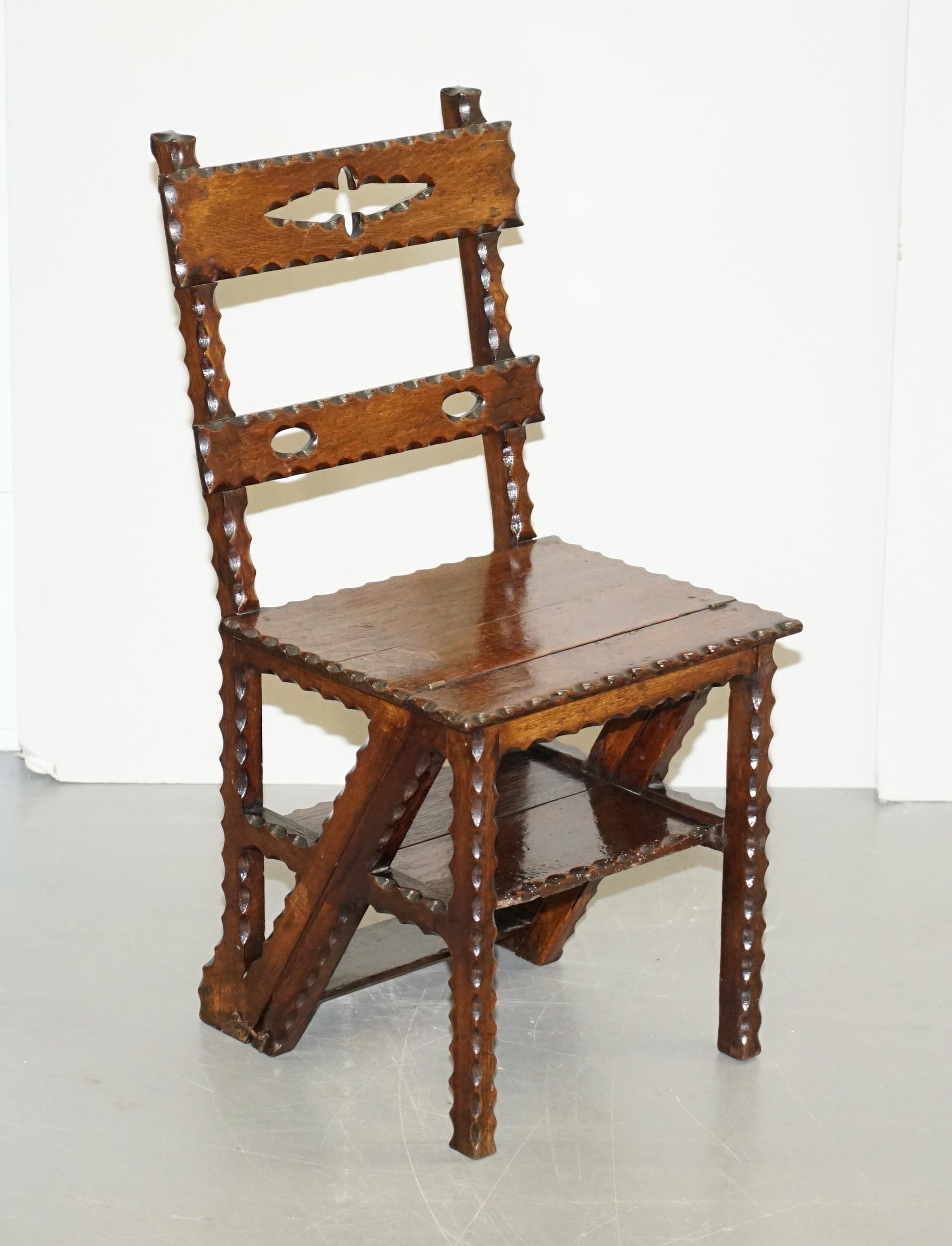 We are delighted to offer for sale this lovely hand carved late Victorian circa 1880-1890 metamorphic library steps into a side chair

I have bought maybe 2-3 sets of these in my time, I’ve seen a few more listed for sale, never with this
