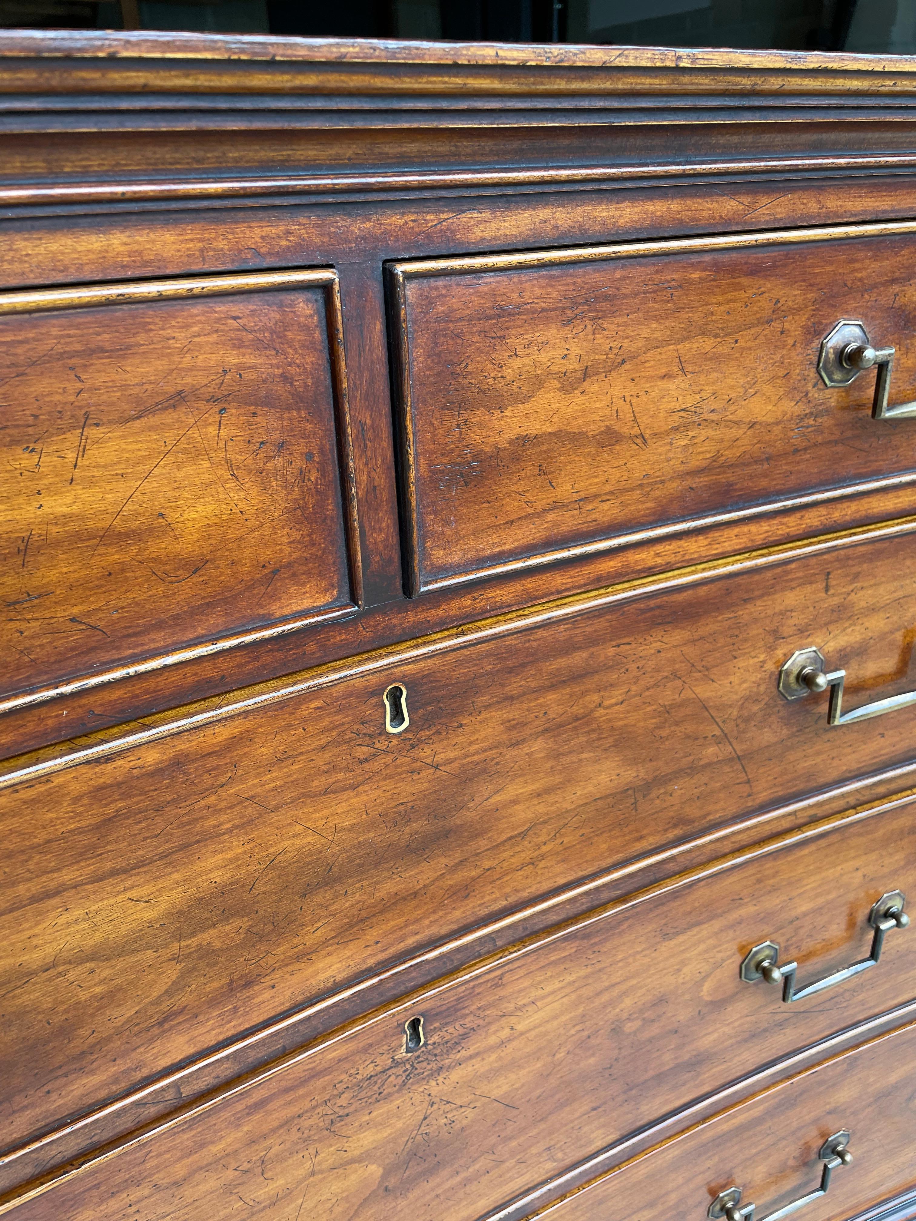 Holland MacRae Chatsworth mahogany chest of drawers for Lee Jofa is a stunning piece of artistry. The Chatsworth chest takes a traditional style and updates it with a beautiful concave design. The wood is distressed and antiqued. This piece is thin