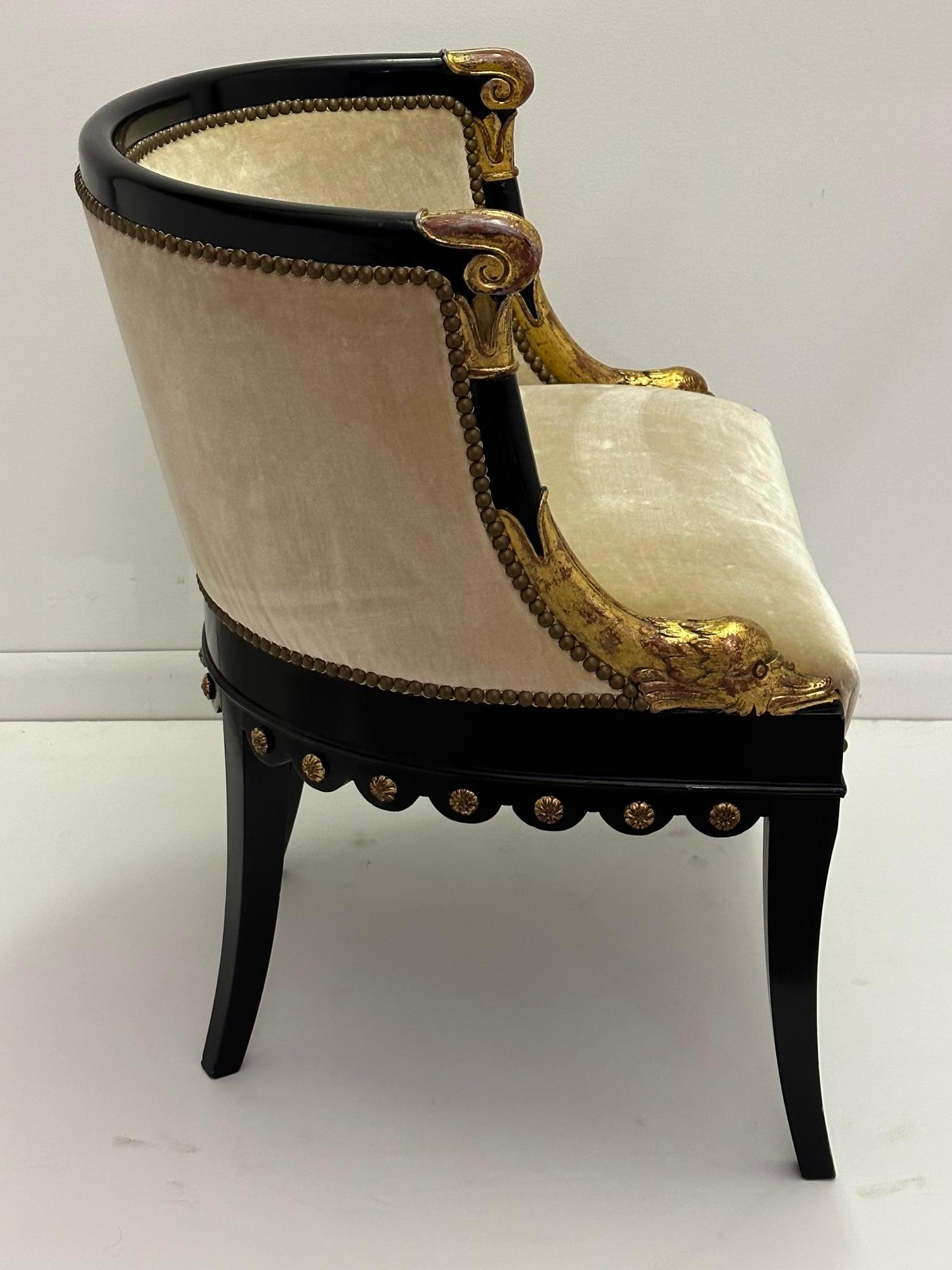 Late 20th Century Sublime Hollywood Regency Gilt and Ebonized Club Chair with Dolphin Motif