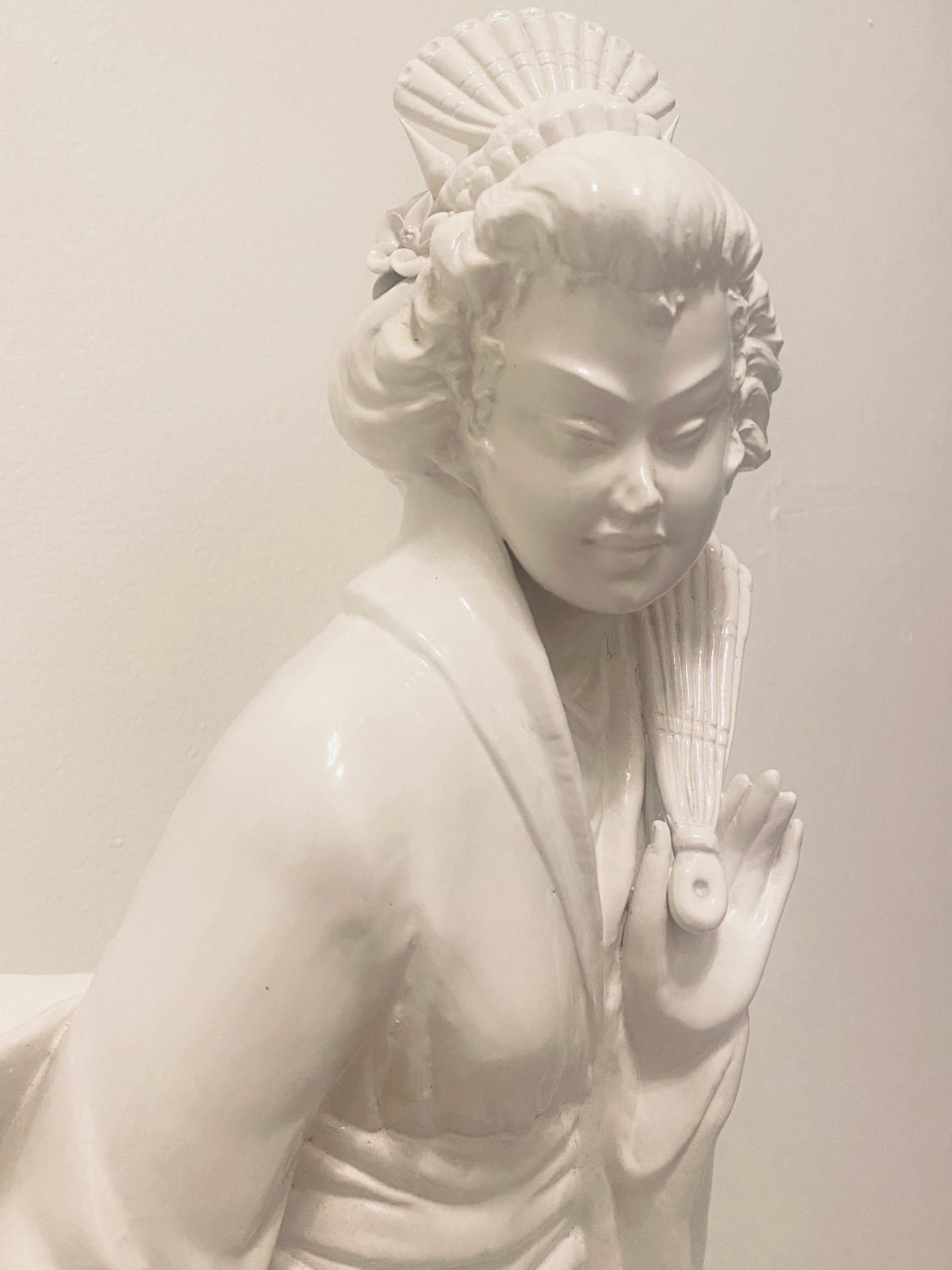 Sublime Italian Mid-Century Pearlized Ceramic Geisha Figurine on Pedestal 14