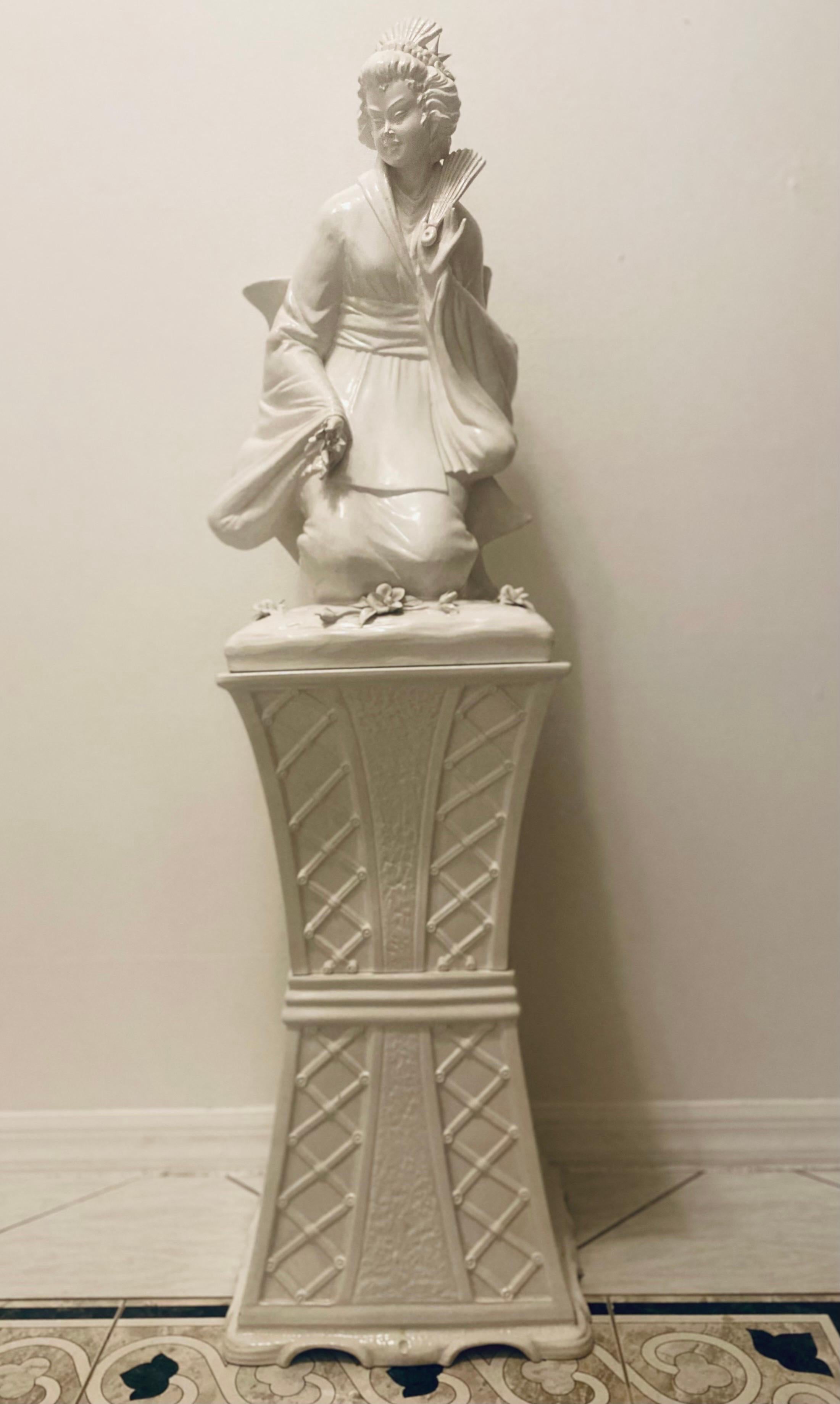 20th Century Sublime Italian Mid-Century Pearlized Ceramic Geisha Figurine on Pedestal