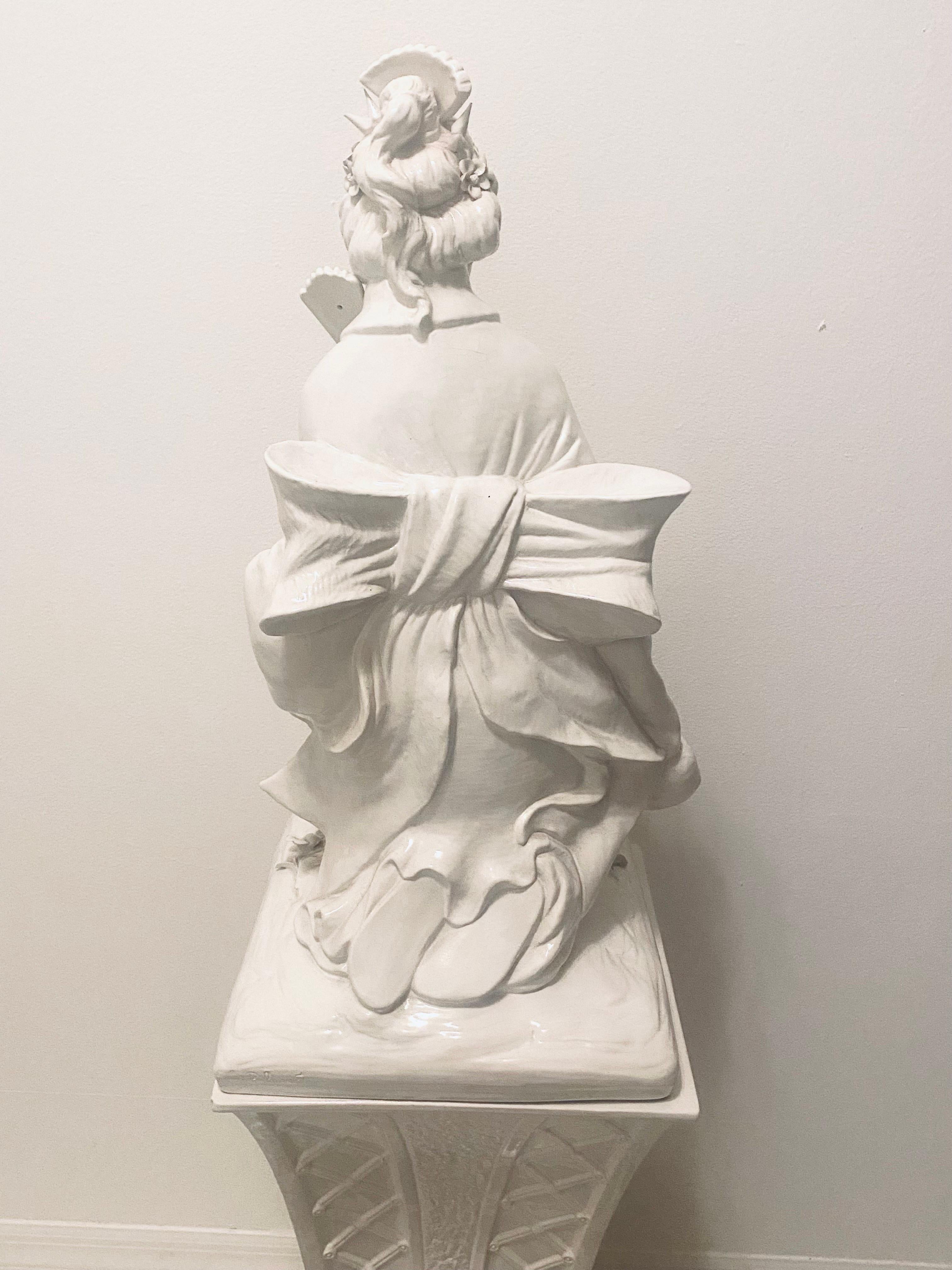 Sublime Italian Mid-Century Pearlized Ceramic Geisha Figurine on Pedestal 2