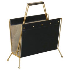 SUBLiME JACQUES ADNET BLACK LEATHER & GILT BRASS MAGAZINE NEWSPAPER HOLDER RACK