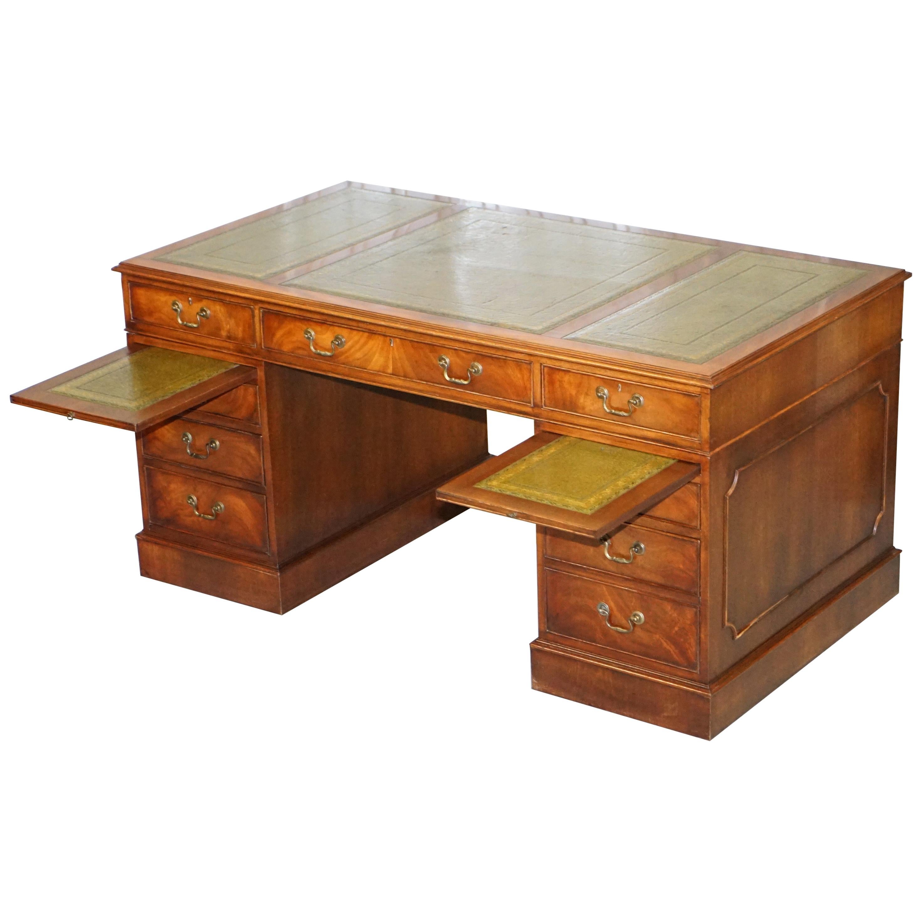 Sublime Large Hardwood and Green Leather Partner Desk Twin Butlers