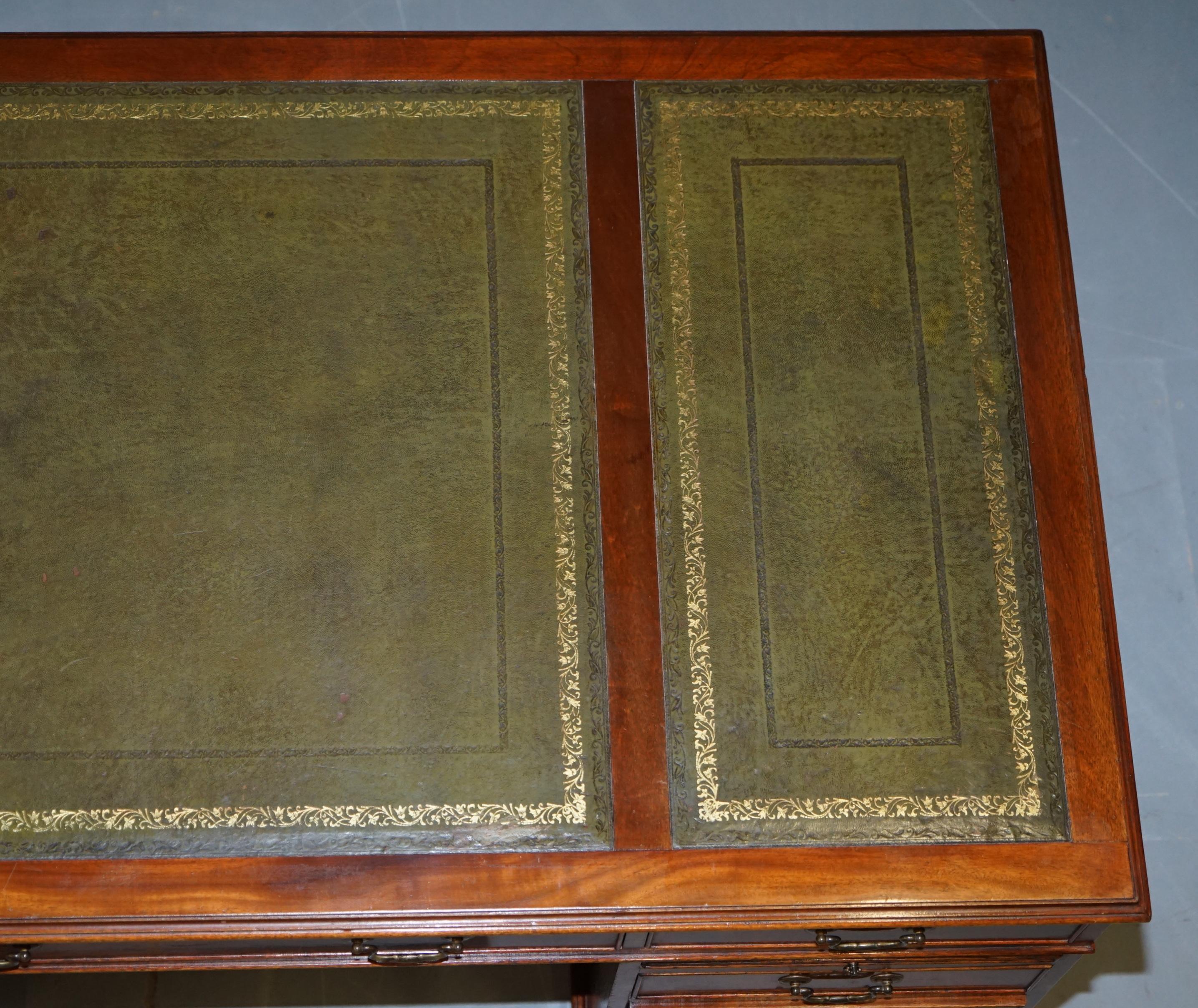 Sublime Large Hardwood & Green Leather Partner Desk Twin Butlers Serving Trays 4