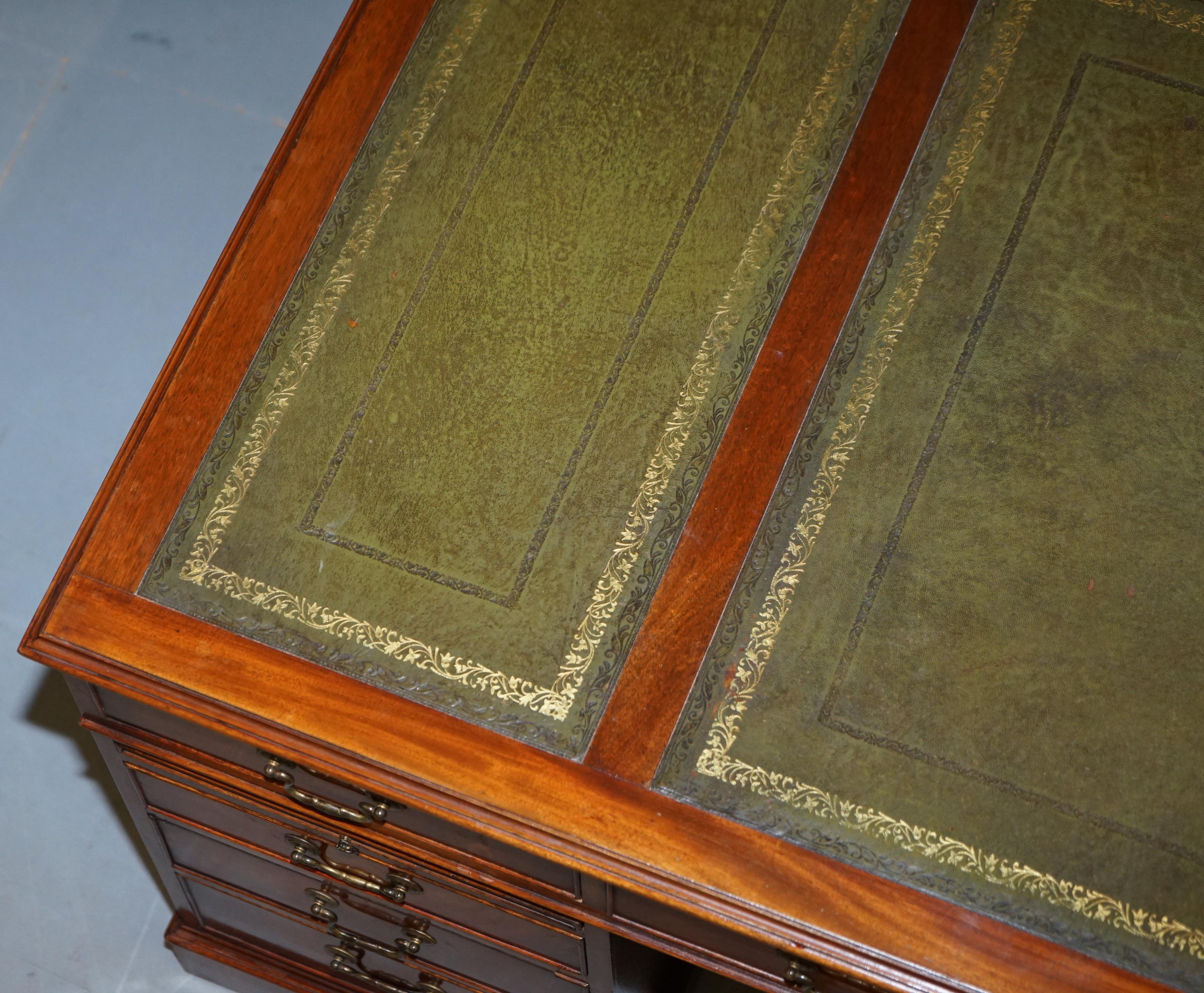 Sublime Large Hardwood & Green Leather Partner Desk Twin Butlers Serving Trays 5