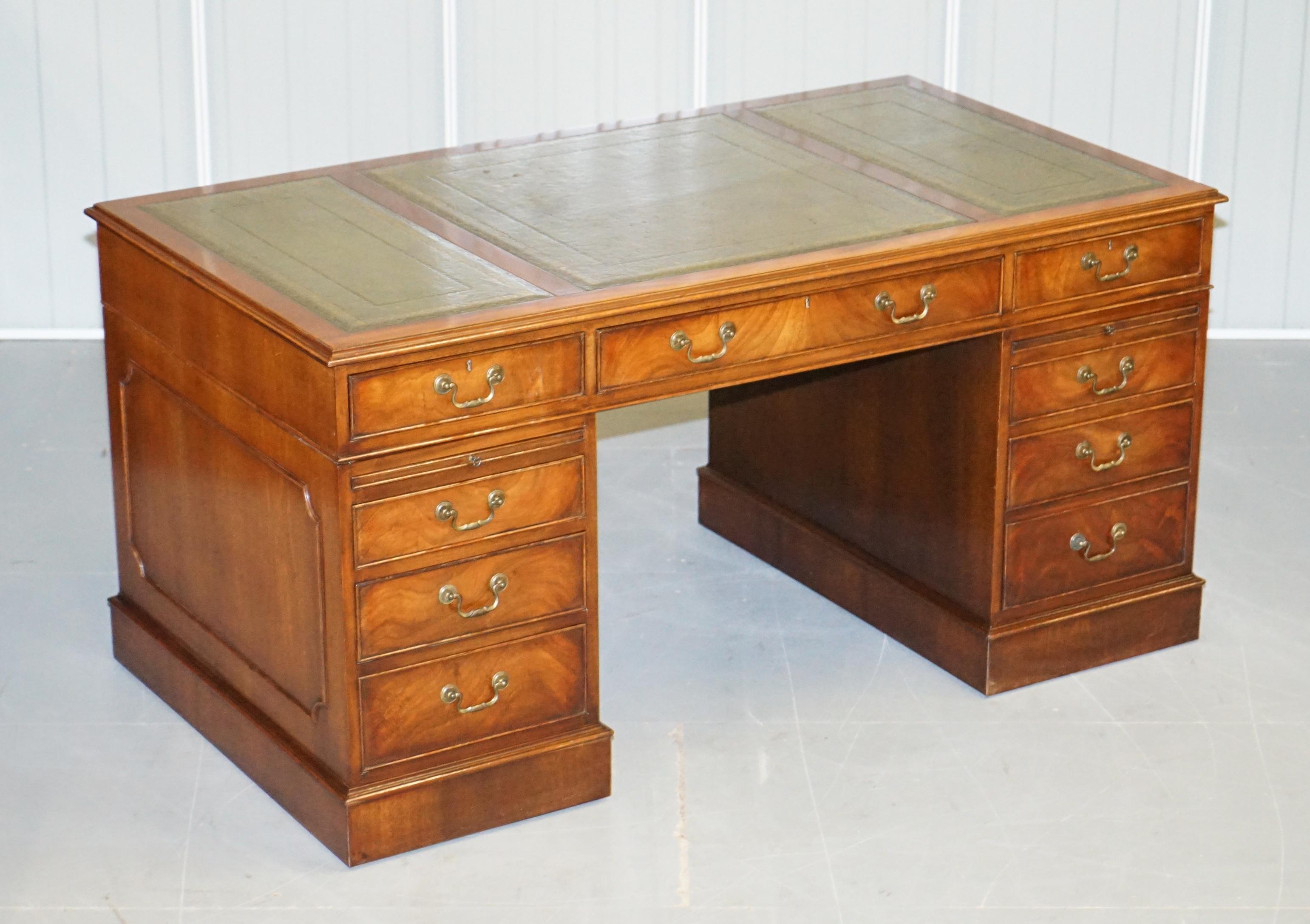 Victorian Sublime Large Hardwood & Green Leather Partner Desk Twin Butlers Serving Trays