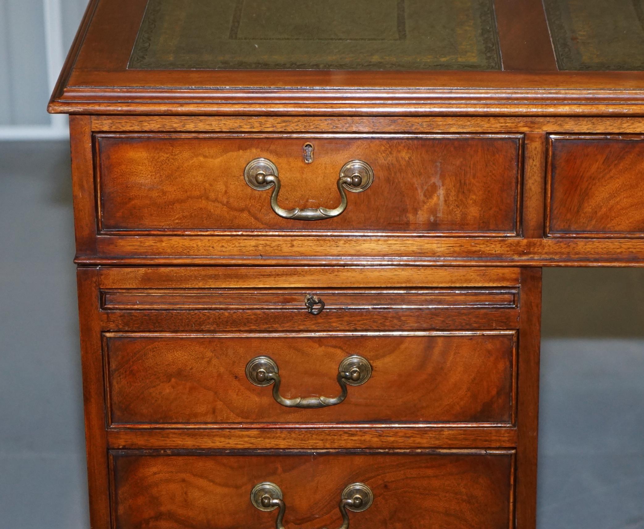 20th Century Sublime Large Hardwood & Green Leather Partner Desk Twin Butlers Serving Trays