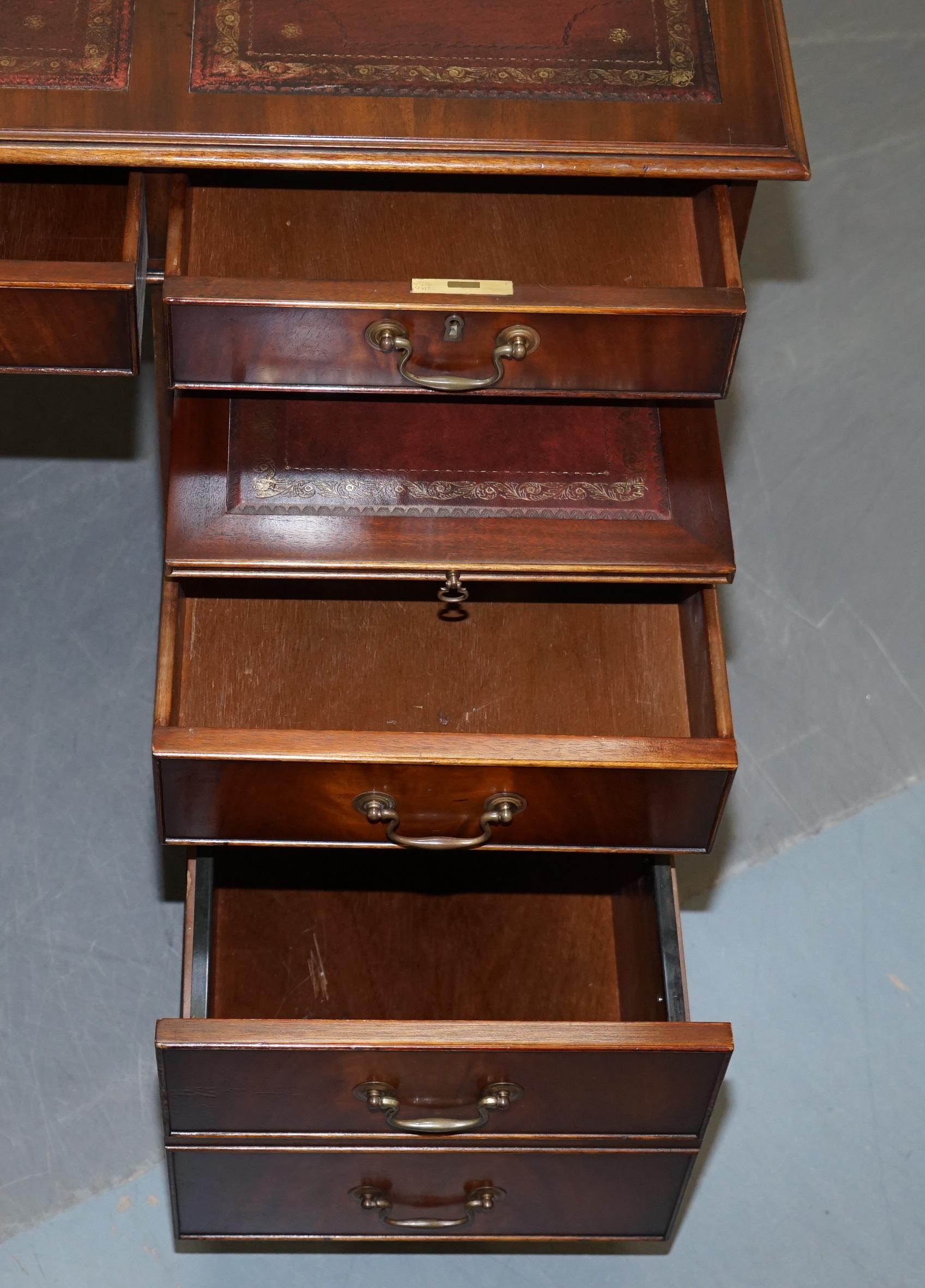 Sublime Large Hardwood & Oxblood Leather Partner Desk Twin Butlers Seving Trays 12